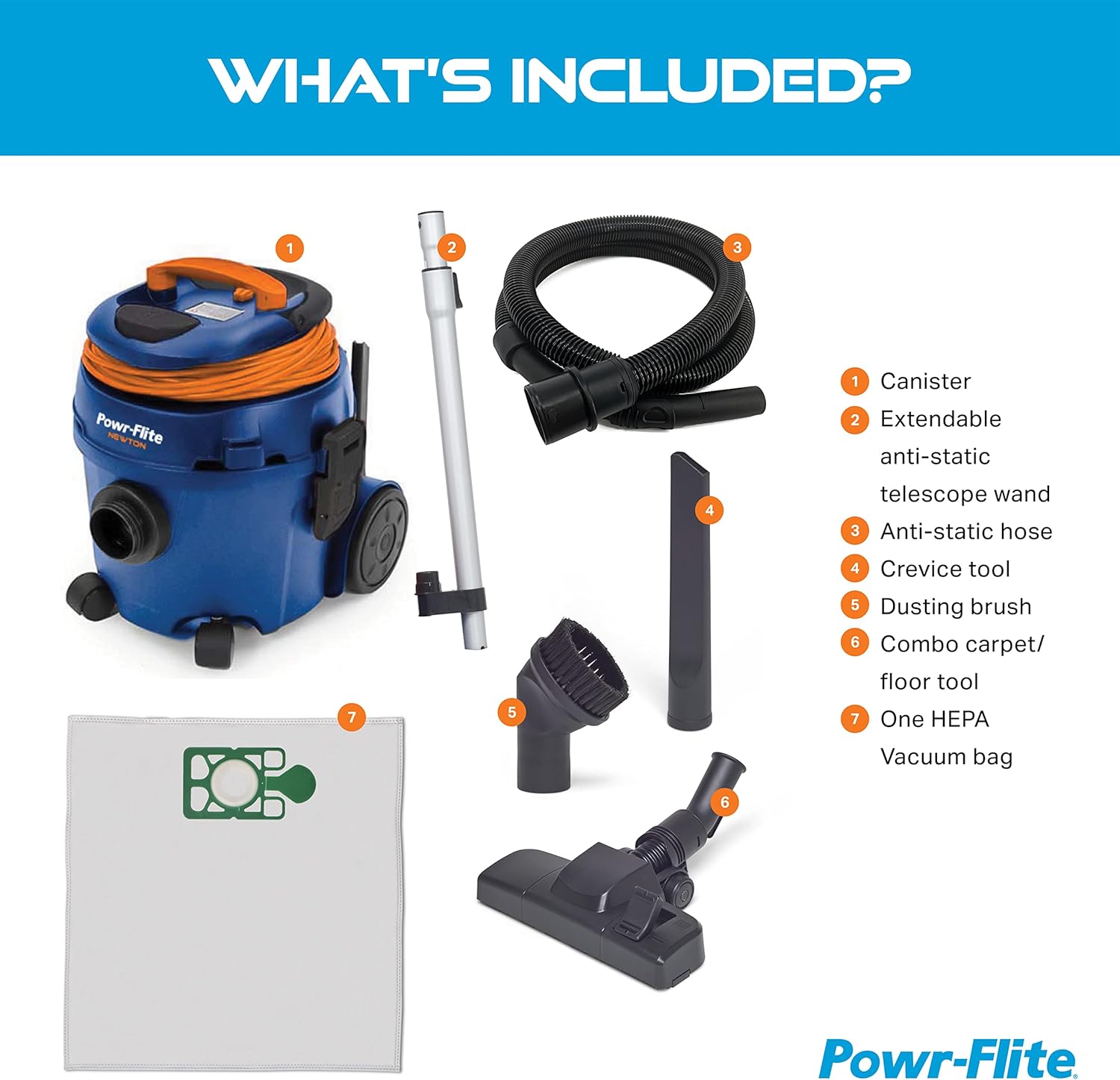 Powr-Flite Newton Compact Vacuum Cleaner Canister with HEPA Filtration, Portable Vacuum for Hardwood Floors and Rugs, PV610-Q10-U