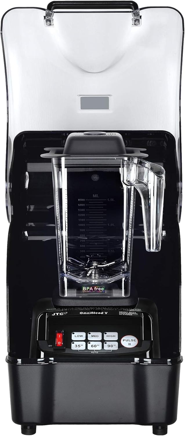 OmniBlend Omni-Q Commercial Blender with Full Sound Enclosure Shield, Quiet Heavy Duty 3-Speed, Self-Cleaning, Includes Multifunctional 2-in-1 Wet Dry Blades, 1.5 Liter Jar (Black)