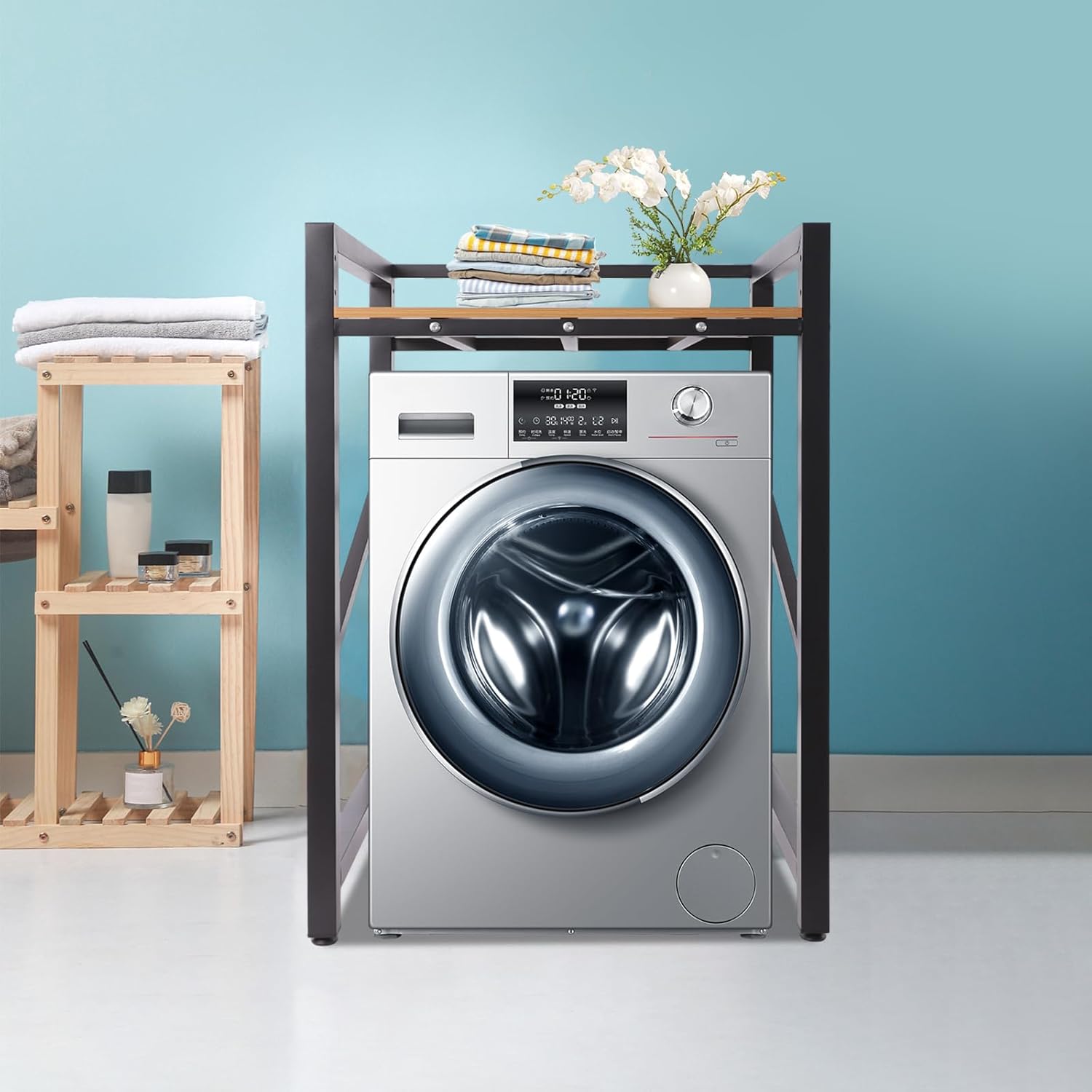 Washer Dryer Stacking Rack Stand, Height Adjustable Heavy Duty Washing Machine Shelf with Top Guardrail and Feet, 661.39 lbs Capacity, Washer & Dryer Storage Shelf for Bathrooms, Laundry Rooms