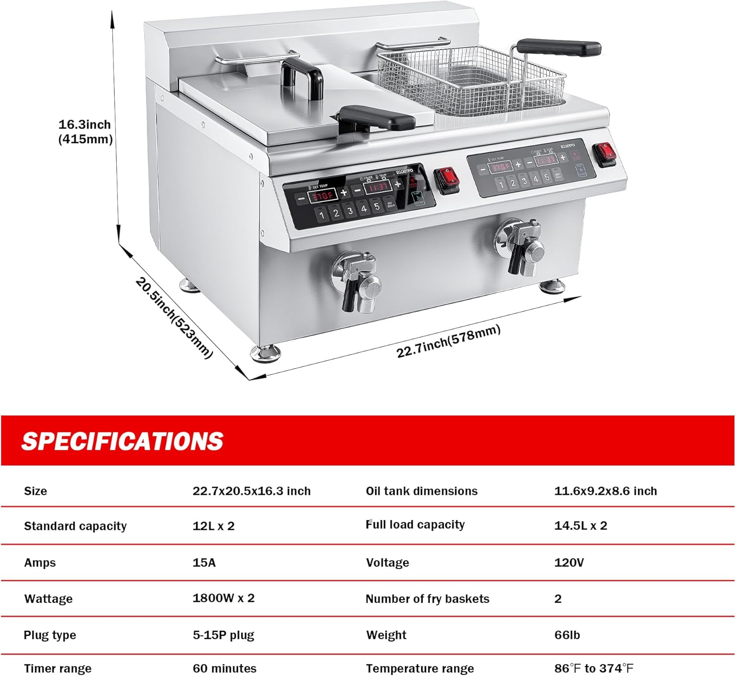 EGGKITPO Induction Fryer 24L Dual Tank Deep Fryer with Basket and Lid Countertop Electric Fryer with Timer and Oil Drain Stainless Steel Commercial Fryer for Large Restaurant and Business 120V 3600W