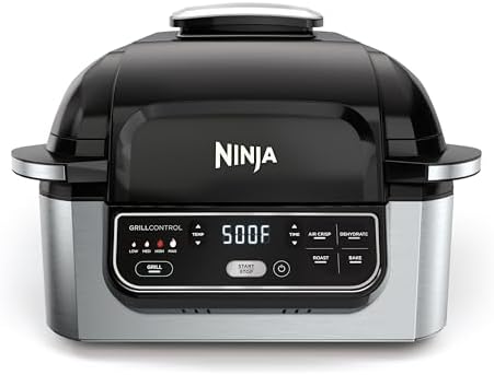 Ninja | Indoor Grill | Foodi | 5-in-1 (Grill, Air Fry, Roast, Bake, and Dehydrate | Fits up to 3lb Roast | Smoke Control System and Dishwasher Safe Parts| Black/Grey | AG301