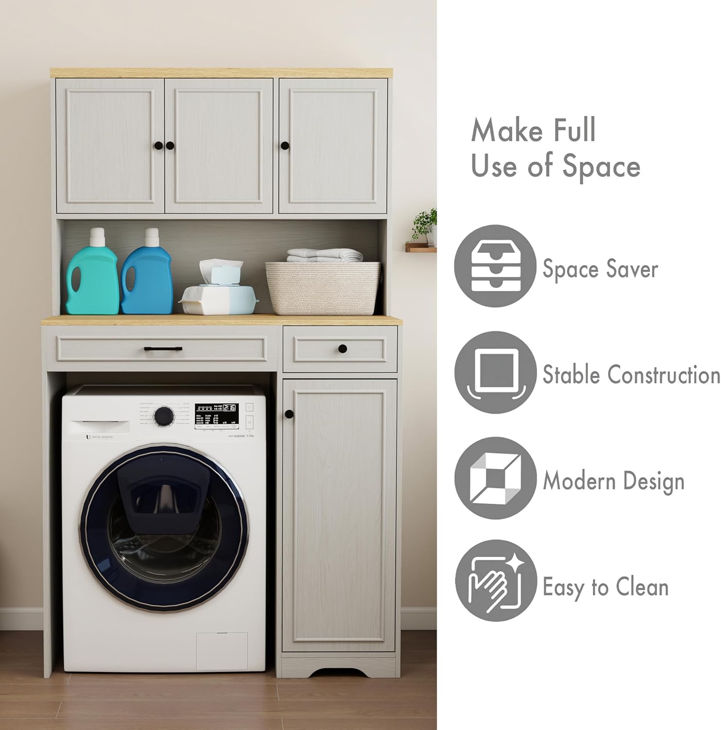 Antique White Over Washer & Dryer Storage Cabinet - Compact Laundry Organizer with 1 Basket, 4 Doors, 1 Drawer & 2 Adjustable Shelves - Sturdy & Safe Design