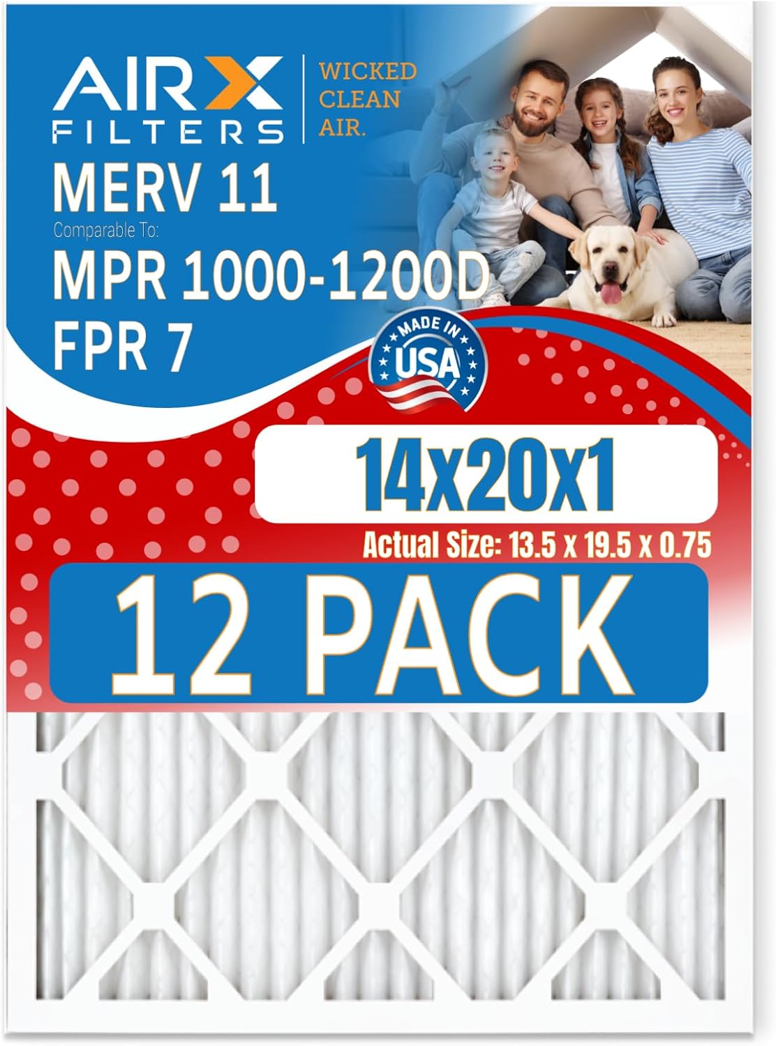 14x20x1 Air Filter MERV 11 Rating, 12 Pack of Furnace Filters Comparable to MPR 1000, MPR 1200 & FPR 7 - Made in USA by AIRX FILTERS WICKED CLEAN AIR.