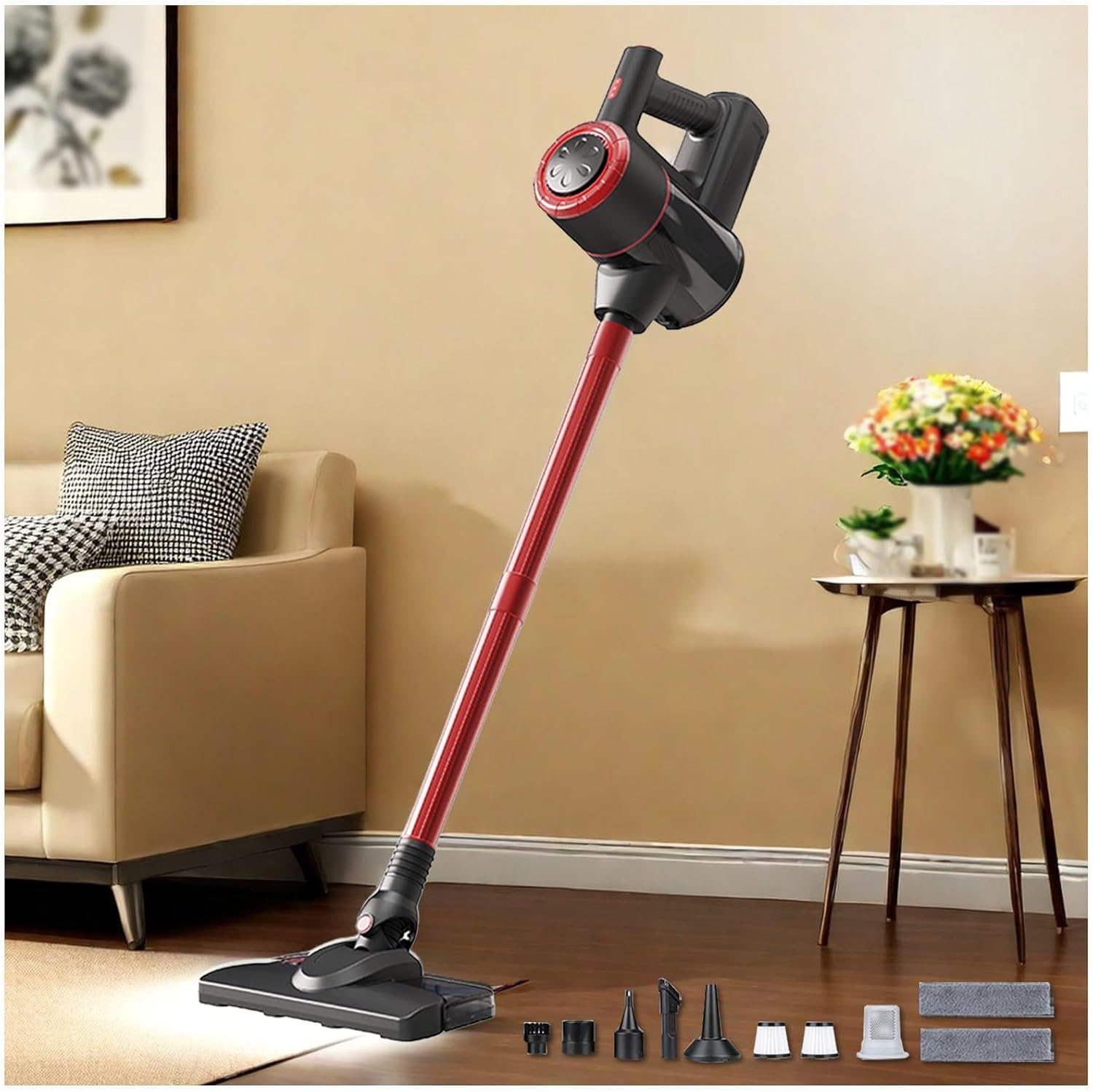 Lightweight Cordless Cordless Wet Dry Vacuum Cleaner 18Kpa, 35mins Runtime, Rechargeable, Vacuum Mop Combo Self-Standing Portable Vacuum Cleaner for Kitchen, Bedroom, Living Room,Red