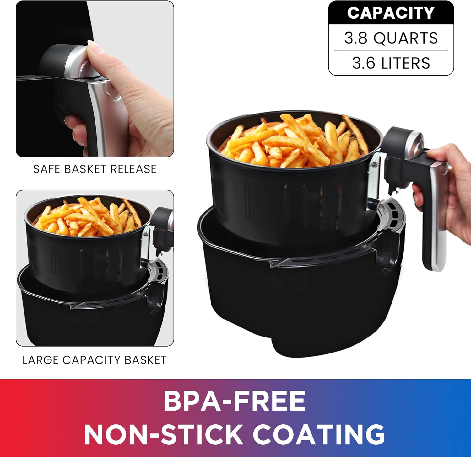 Total Chef Air Fryer - Aerogrill, Non-Stick Frying Basket, French Fry, Digital Touch Screen, 7 Presets, Freidora Eléctrica, Countertop Cooking Kitchen Appliance, 3.8 quart Black