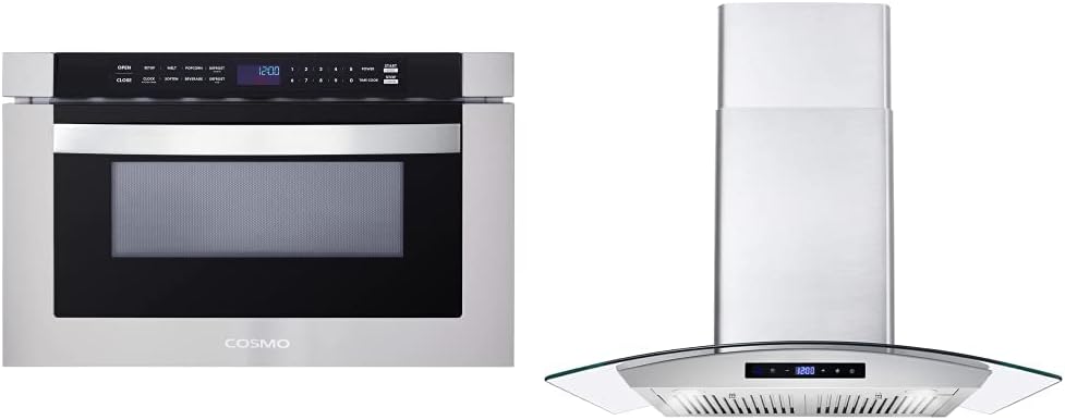 COSMO COS-12MWDSS 24 in. Built-in Microwave Drawer with Automatic Presets, Touch Controls & 668WRCS75 Wall Mount Range Hood with Ducted Exhaust Vent, 3 Speed Fan, 30 inches