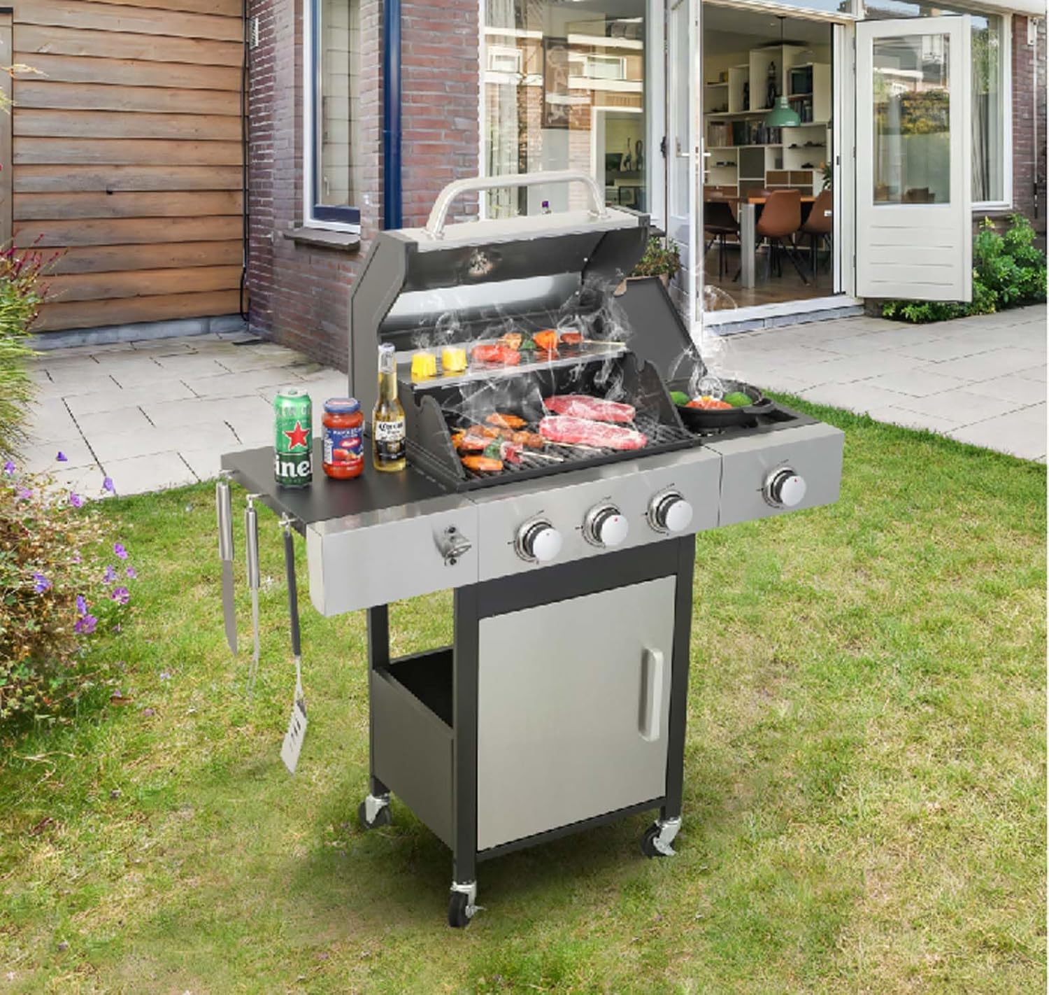 3-Burner Propane Gas BBQ Grill with Stainless Steel Upper Lid, 37230 BTUs Output Outdoor Grill with Warming Rack for Patio Garden Barbecue Grilling, Black & Silver (3-Burner 37230 BTU)