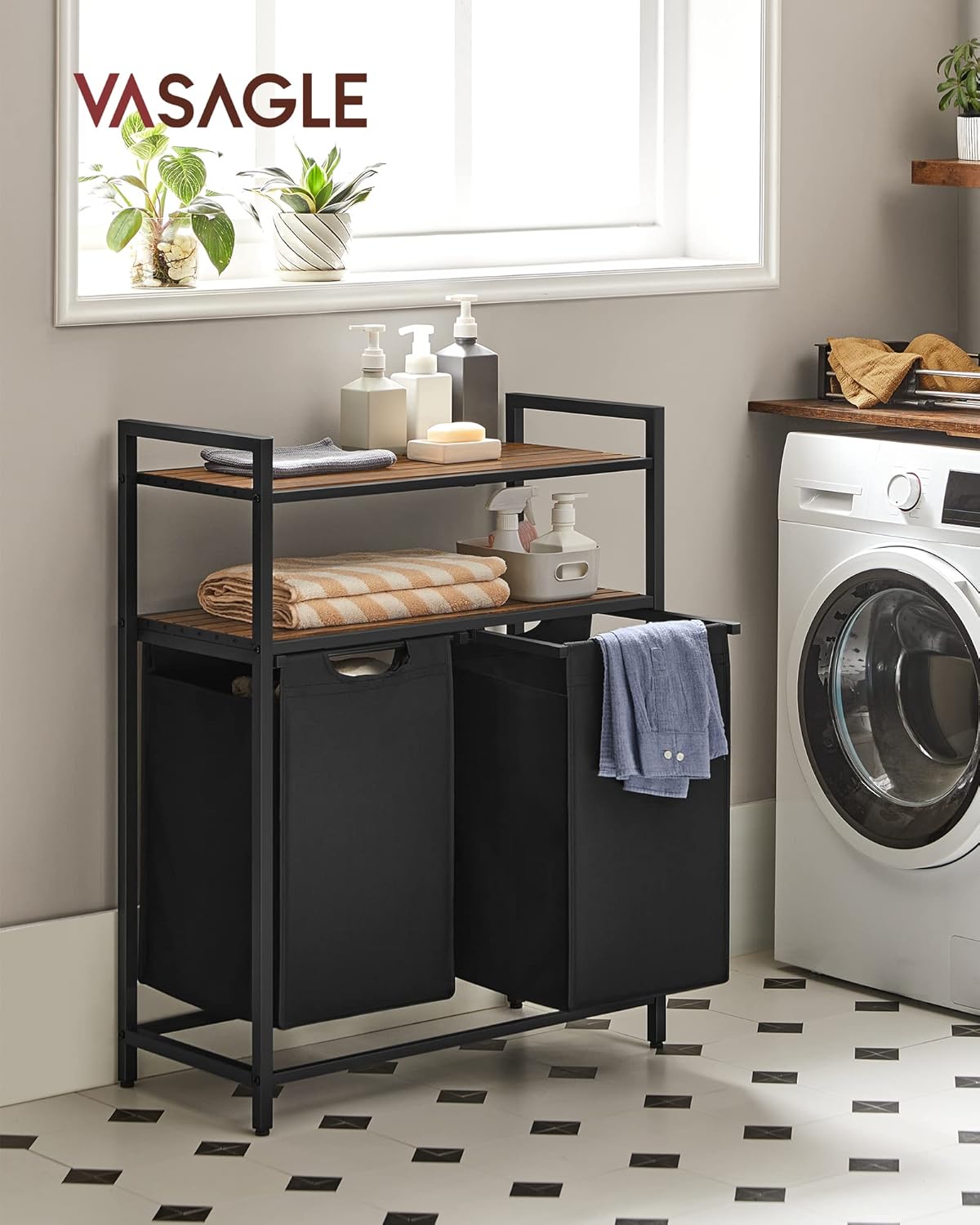 VASAGLE Laundry Hamper, Laundry Basket, Laundry Sorter with 2 Pull-Out and Removable Bags, 2 Shelves, 12.1 Gal (46L) Capacity per Bag, for Laundry Room, Rustic Brown and Black UBLH211B01