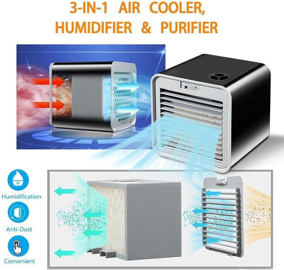 Mini Air Conditioner, Air Conditioner Portable for Room, USB Personal Air Cooler Fan w/Humidifier, 3 Speed, Evaporative Air Cooler for Office Pets Car