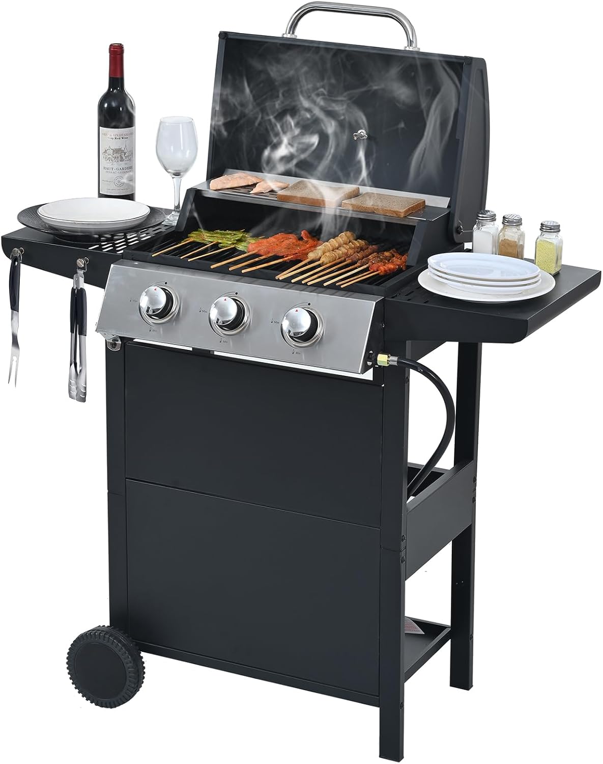 3 Burner Propane Gas Grill, 26,000 BTU Stainless Steel BBQ Grill with Foldable Shelves, Thermometer, Wheels, Ideal for Patio, Backyard, Outdoor Cooking, Barbeque