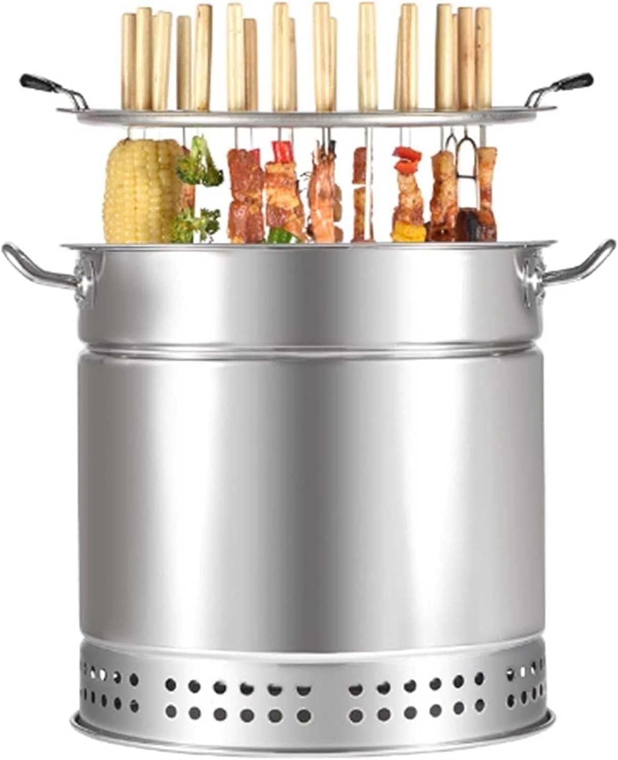 Smokeless Charcoal Smoker Barrel Grill, 360° Rotating BBQ, Stainless Steel Hanging Oven for Camping Outdoor Cooking(28pcs)