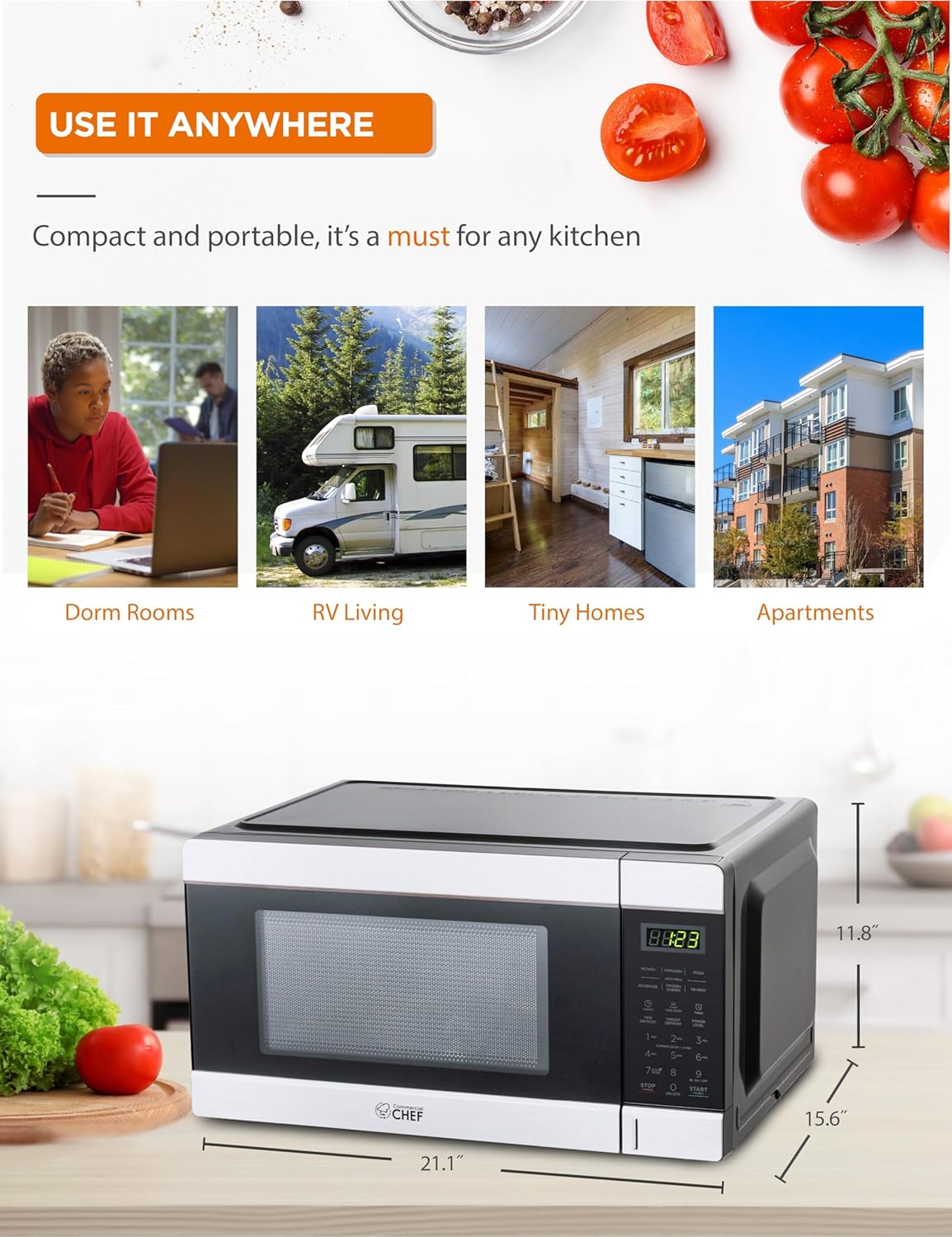 Commercial CHEF Countertop Microwave, 1.1 Cubic Feet, Black With Stainless Steel Trim