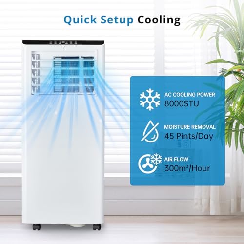 GarveeHome 8,000BTU Portable Air Conditioner with Remote Control - 3 in-1, Cools Rooms up to 350 Sq. Ft., Digital Display, Window Kit, 24H Timer, Sleep Mode