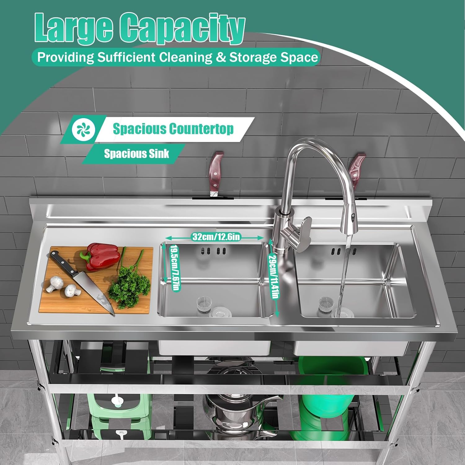 Double Utility Sink, (47.2x17.7x31.9in) Stainless Steel Table with Sink with Water Faucet and Drainage Pipes, Outdoor Sink Kitchen Appliances for Laundry Room Garage Dorm