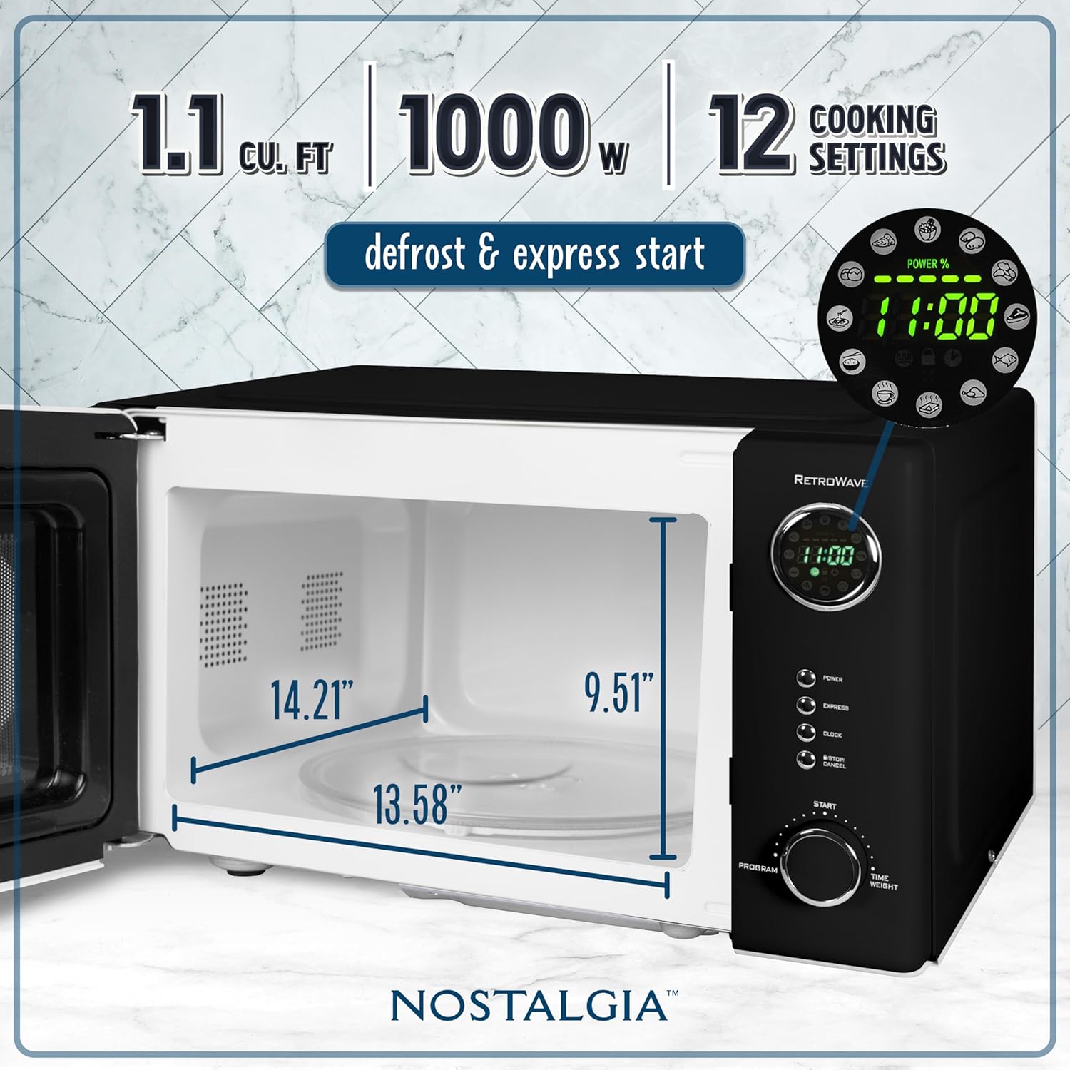 Nostalgia Retro Countertop Microwave Oven - 1.1 Cu Ft & 1000 Watt Power- Easy to Clean with Removable Glass Turntable - Child Safety Lock - 12 Programs - Digital Clock - Black