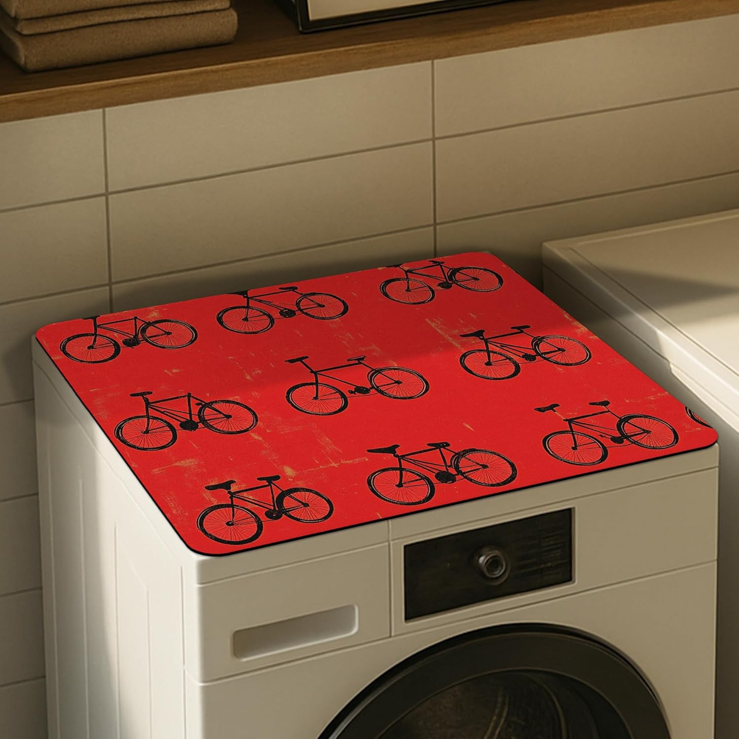 Bike Washer Dryer Top Protector Mat, Retro Vintage Bike Laundry Machine Dust Covers, Charming Rubber Anti-slip Waterproof Washer And Dryer Mats for Laundry Room 20x24 Inch