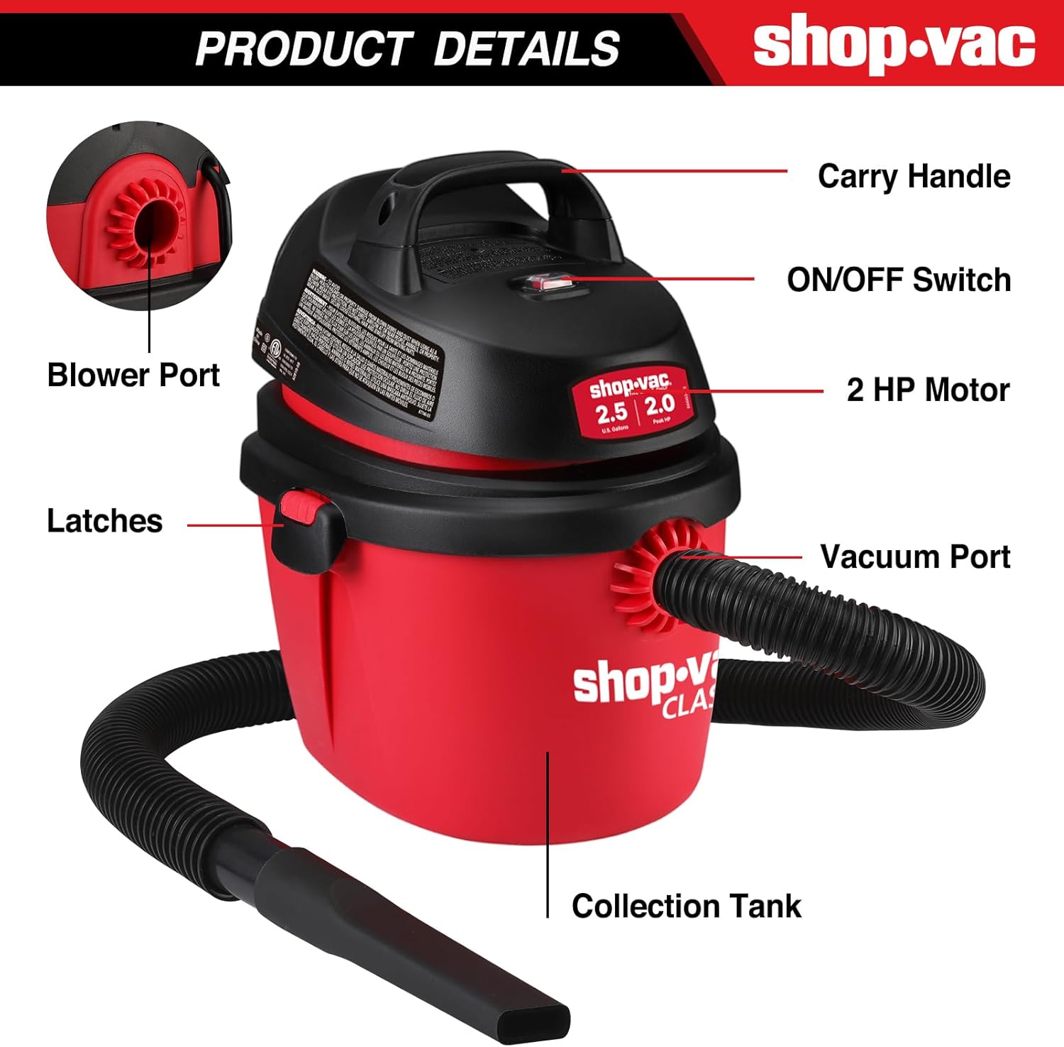 Shop-Vac 2.5 Gallon 2.0 Peak HP Wet/Dry Vacuum, Portable Compact Shop Vacuum with Top Handle, Wall Bracket & Attachments