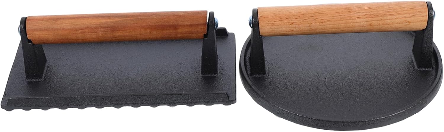 2pcs Cast Iron Griddle Press with Wooden Handle Durable Meat Press for Steaks Bacon and Sandwiches Heavy Duty Grill Weight for Even Cooking and Easy Drainage