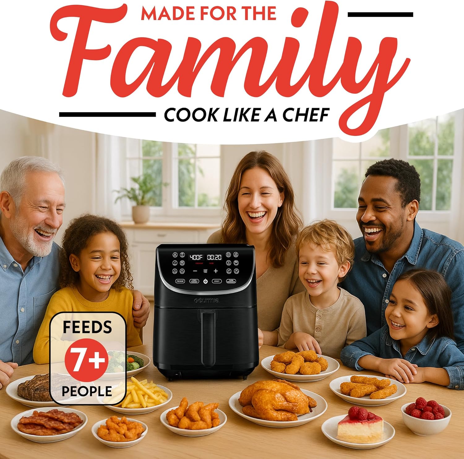Gourmia Air Fryer - 7 Qt Large Capacity, FryForce 360º, Digital Display with 12 Presets, Roast, Bake, Broil, Dehydrate, Dishwasher Safe Accessories, Black