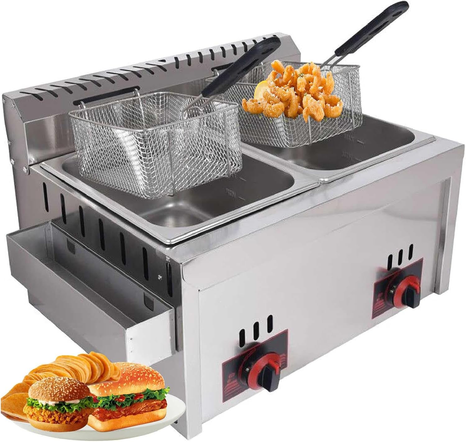 Gas Fryer, 10L * 2 Large Capacity Stainless Steel LPG Fryer - Commercial Grade Adjustable Firepower, Easy Clean - Includes Baskets & Lids for Chips, Donuts, Fish