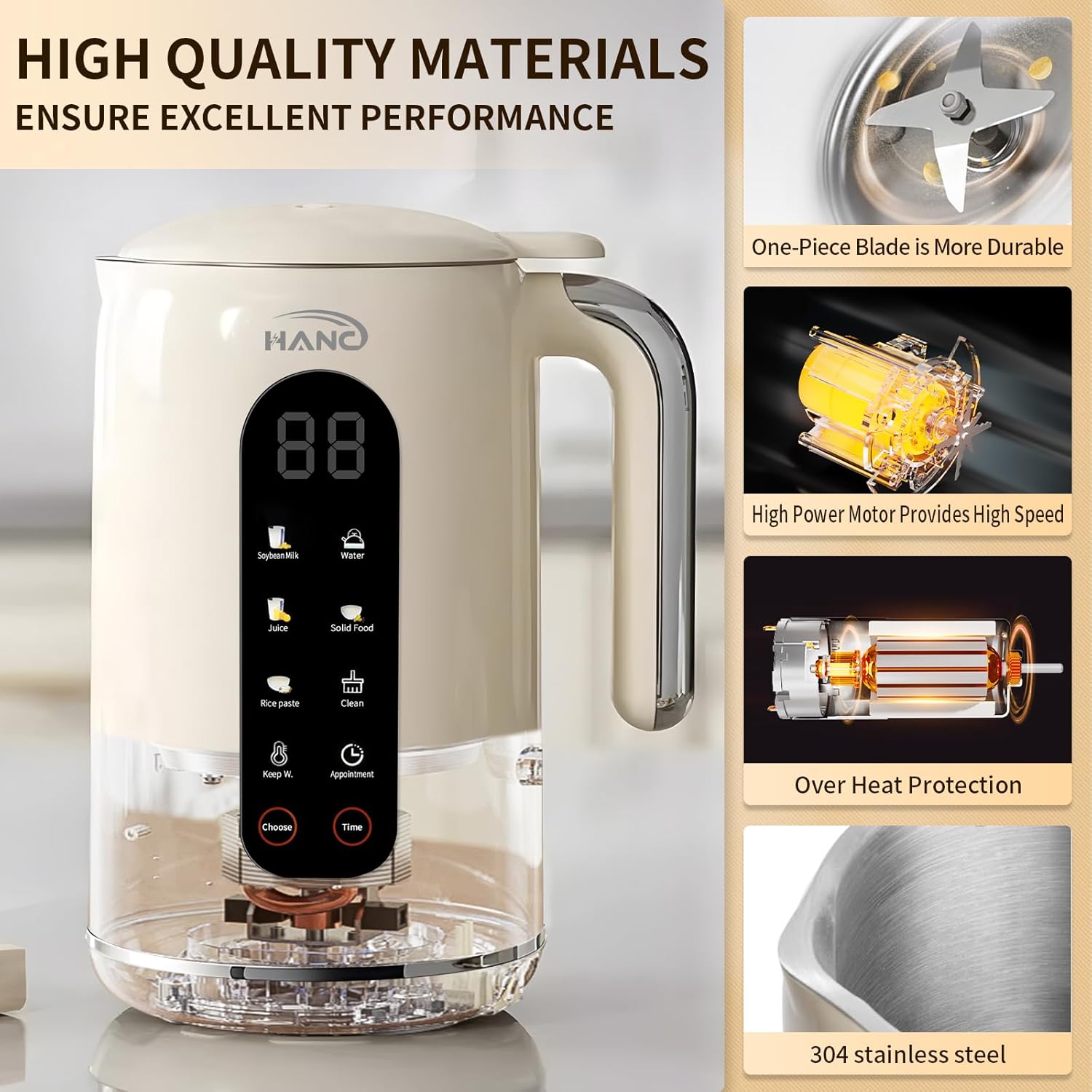 HANC 42oz Nut Milk Maker Machine, 8 in 1 Silent Automatic Soy Milk Maker, Homemade Soy Milk, Oat, Puree, Almond Milk Maker with Delay Start/Keep, Cream Warm/Boil Water/Self-Cleaning, Cream