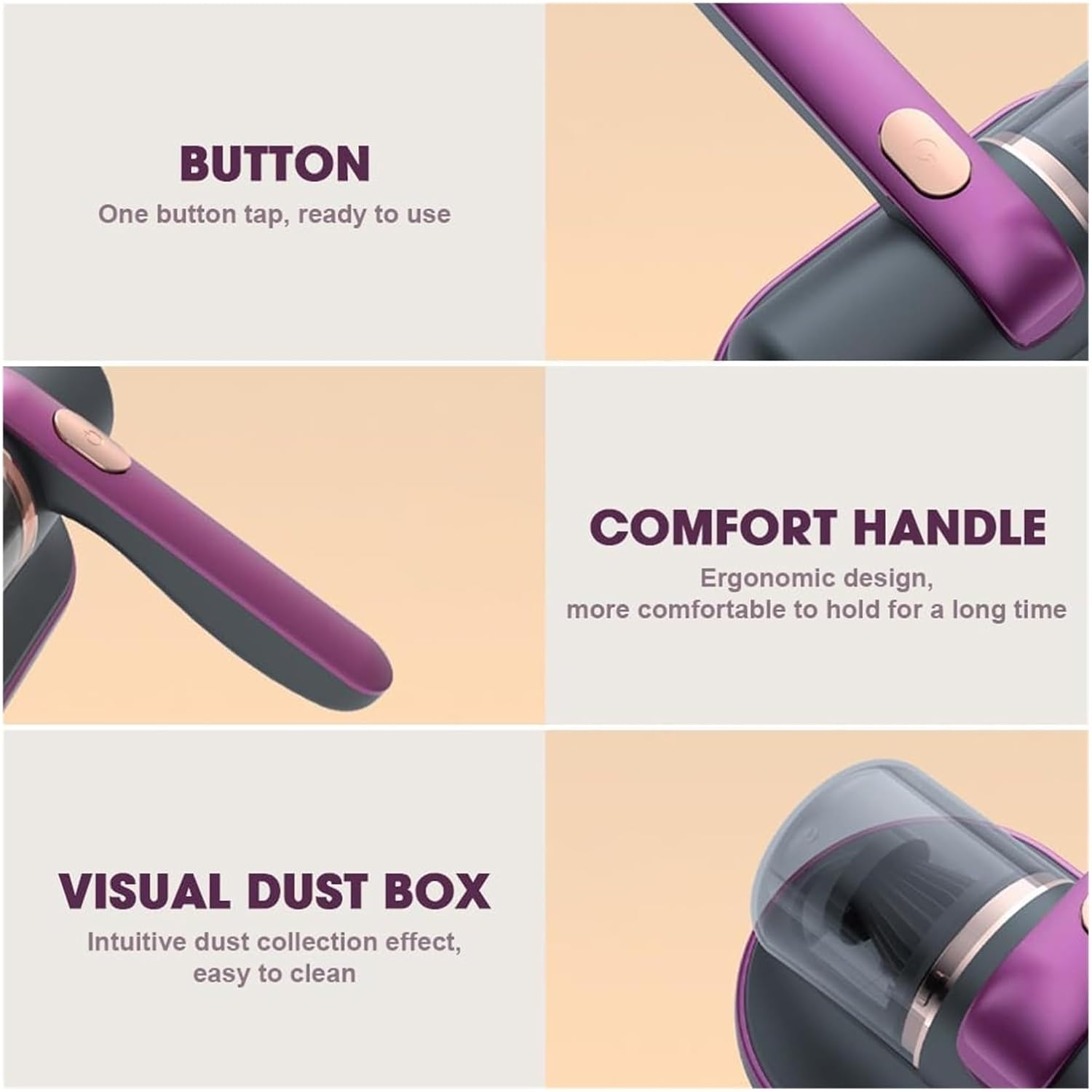 Household High-Frequency Strong Removal Instrument, 10Kpa Low NoiseHandheld Deep Mattress Vacuum Cleaner, Double Beat Cordless Dust Vacuum Remover Cleaning Machine for Pillows Sofas (Color : Purple)