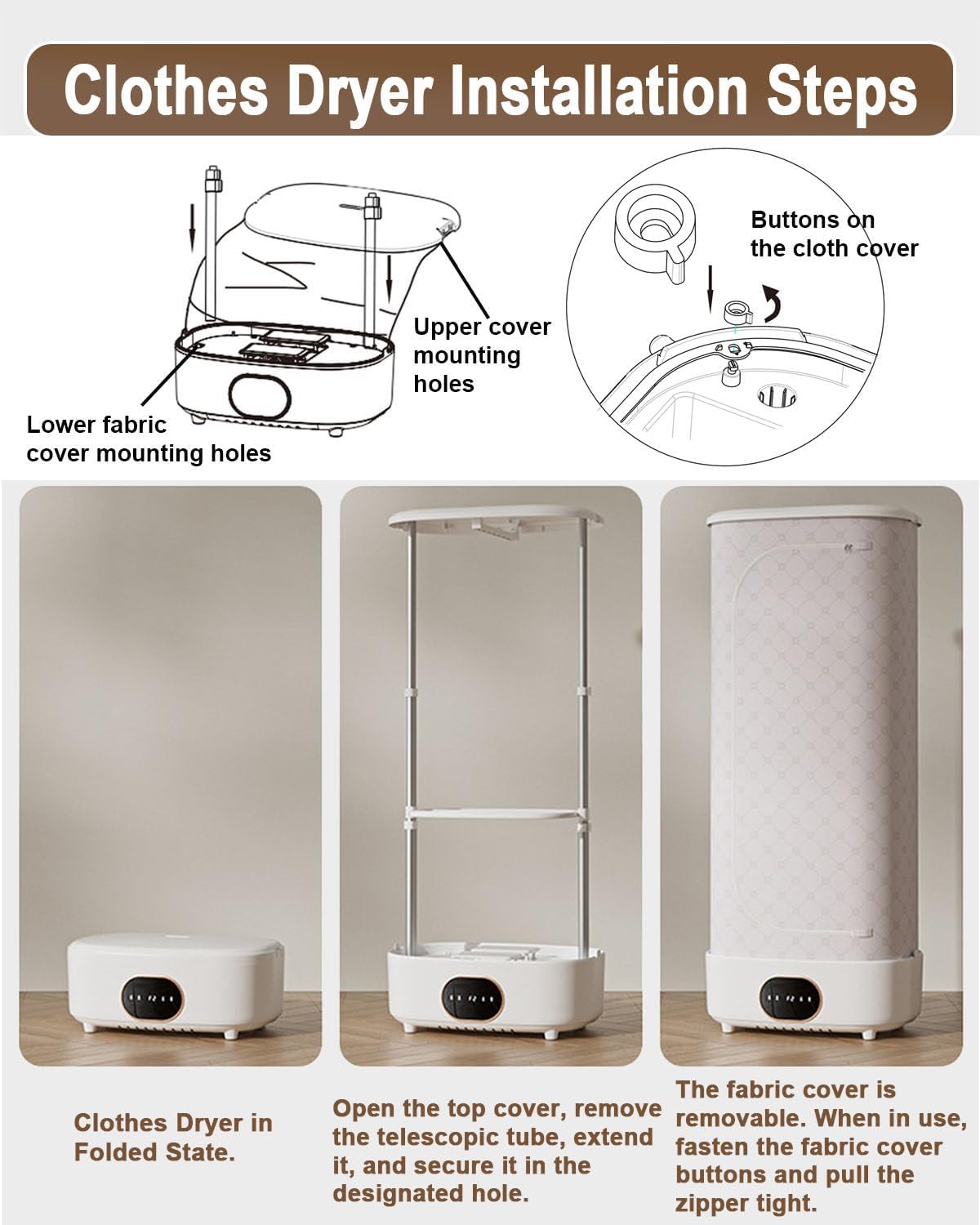 Compact Clothes Dryer Machine with Heater Function, Space-Saving Foldable Clothes Drying Rack, for Travel, Balcony, and Walk-in Closets, Touch + Remote Control, Dual-Layer Design