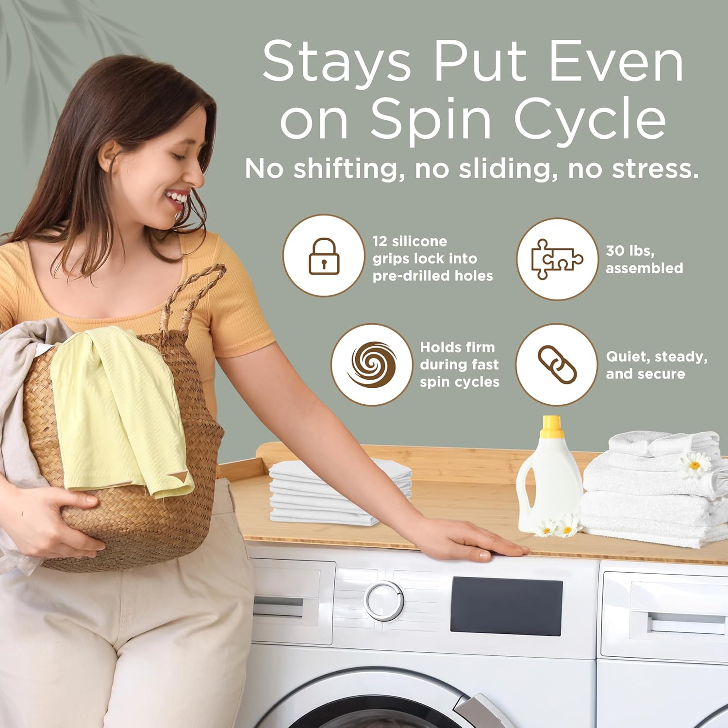 Solid Bamboo Washer Dryer Countertop, Laundry Wood Shelf Topper with Non-Slip Pads, Edge Rails and High Back Rail for Laundry Room Storage & Organization, Washer Dryer Counter Storage, 25