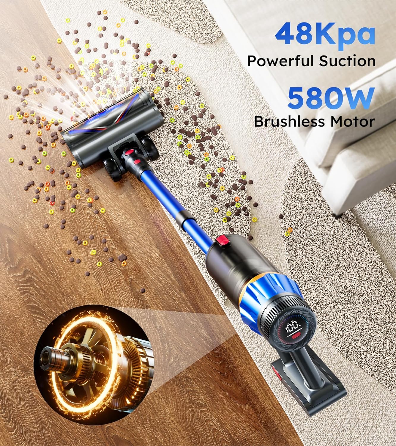 Cordless Vacuum Cleaner, Upgraded 580W 48KPA 70Mins Cordless Stick Vacuum Cleaner with Self-Standing and Smart Screen, Anti-tangle Wireless Vacumm, Vacuum Cleaners for Home/Pet Hair/Carpets/Floors