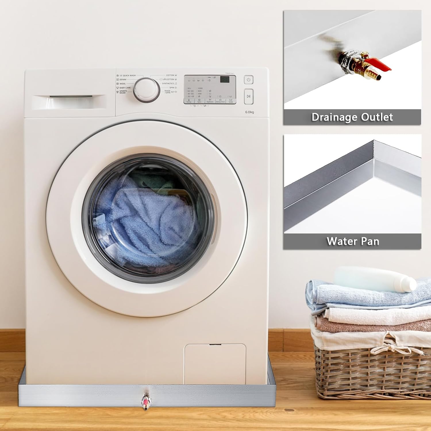 Washing Machine Drip Pan 304 Stainless Steel 27 x 25 x 2.5, 18GA Washer Drip Tray Catch w/Drain Hole & Drain Valve for Laundry Room, Bathroom,No Washer leaks