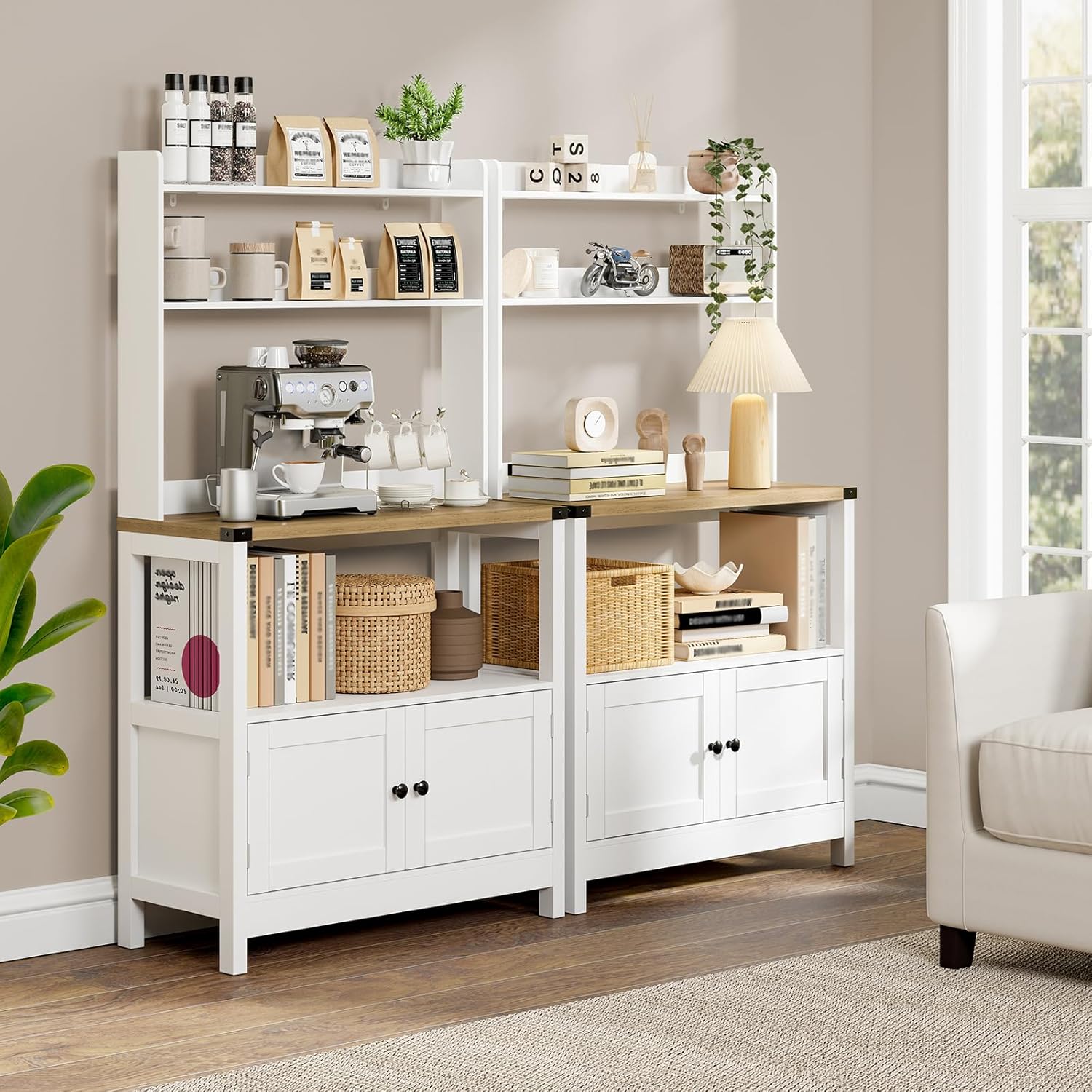 Microwave Stand Bakers Rack Cabinet, Freestanding 5-Tier Kitchen Shelves, Farmhouse Floor Hutch Door Thickened Counter,Utility Storage Shelf, Coffee Bar(White and Brown)