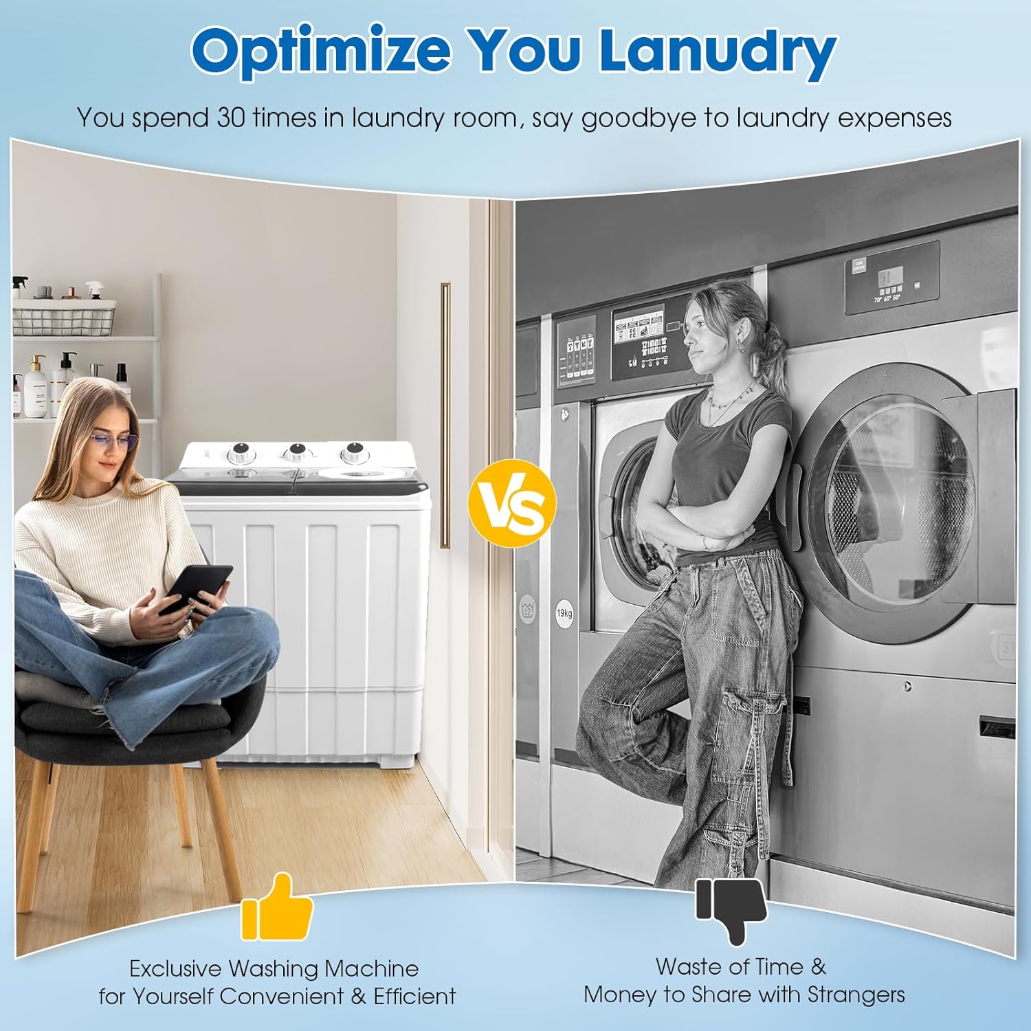 Portable Washing Machine Twin Tub - 14lbs Compact Washer (9,5lbs) and Spinner Dryer (4.5lbs) Combo with Drain Pump - Semi Automatic Washing Machine for Apartments, Dorms, RVs, Camping - Grey