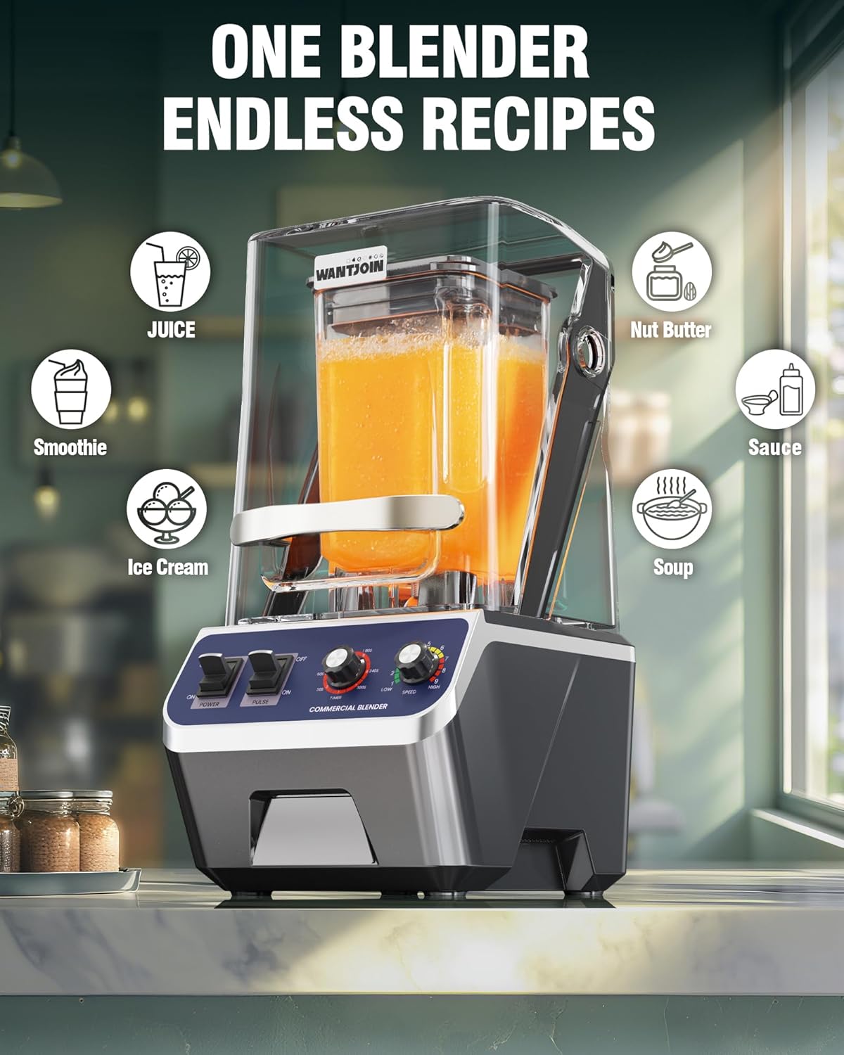 WantJoin Commercial Blender- 68Oz Professional Quiet Smoothie Blender with Shield, High-speed Ice Breaker for Heavy Duty Restaurant,Blenders for Frozen Drinks Shake Juice,Dishwasher Safe 2200W