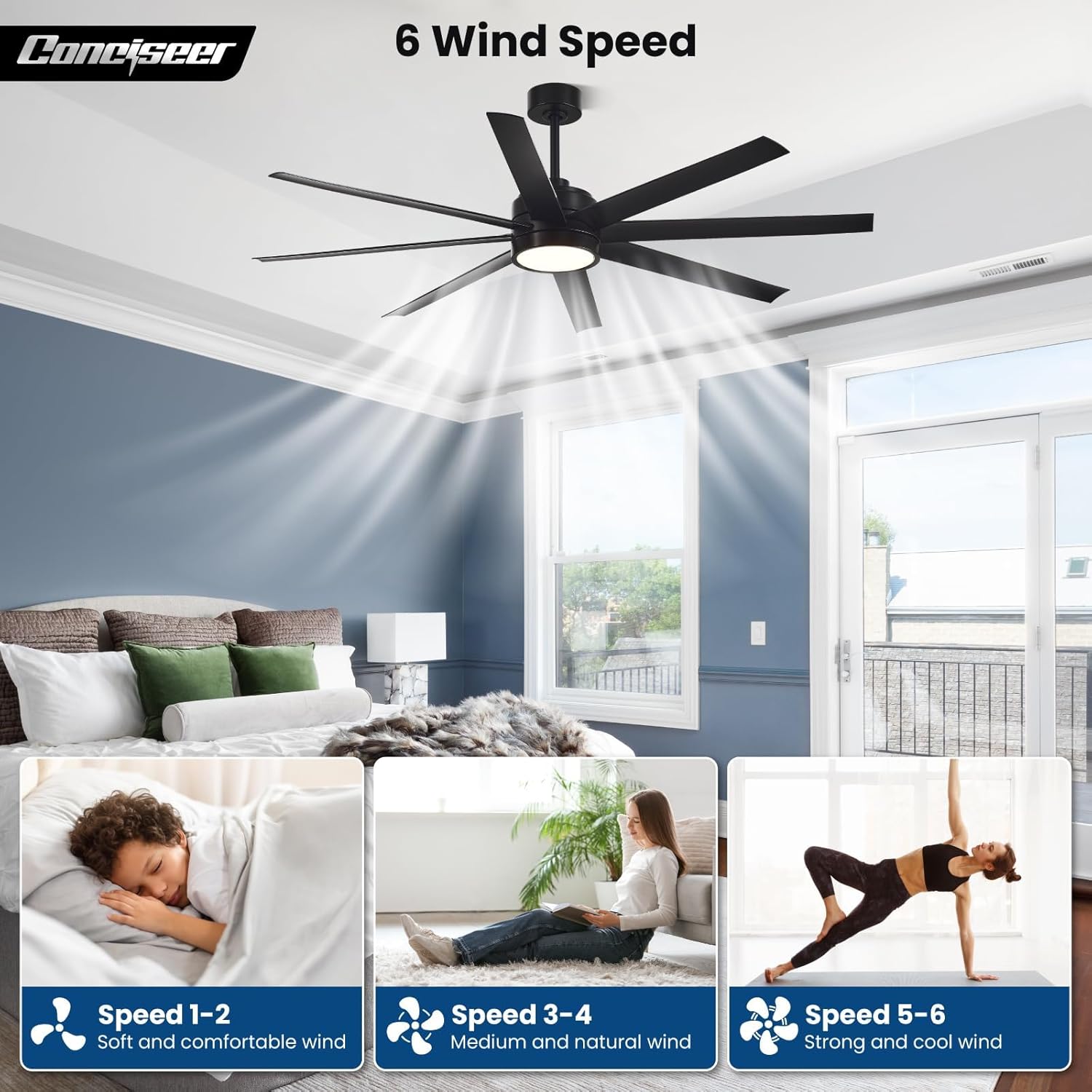 Modern Ceiling Fans with Lights, 65 Inch Ceiling Fan with Light and Remote for Bedroom Living Room Kitchen Office, Indoor/Outdoor Use, 24W 3CCT 8 Blades 6 Speed Reversible Quiet DC Motor, Black