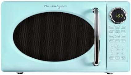 Nostalgia Retro Microwave Oven - 0.7 Cu Ft, 700-Watt Countertop Size with Glass Turntable, Child Safety Lock, 8 Auto-Cook Programs, Digital Clock - Aqua