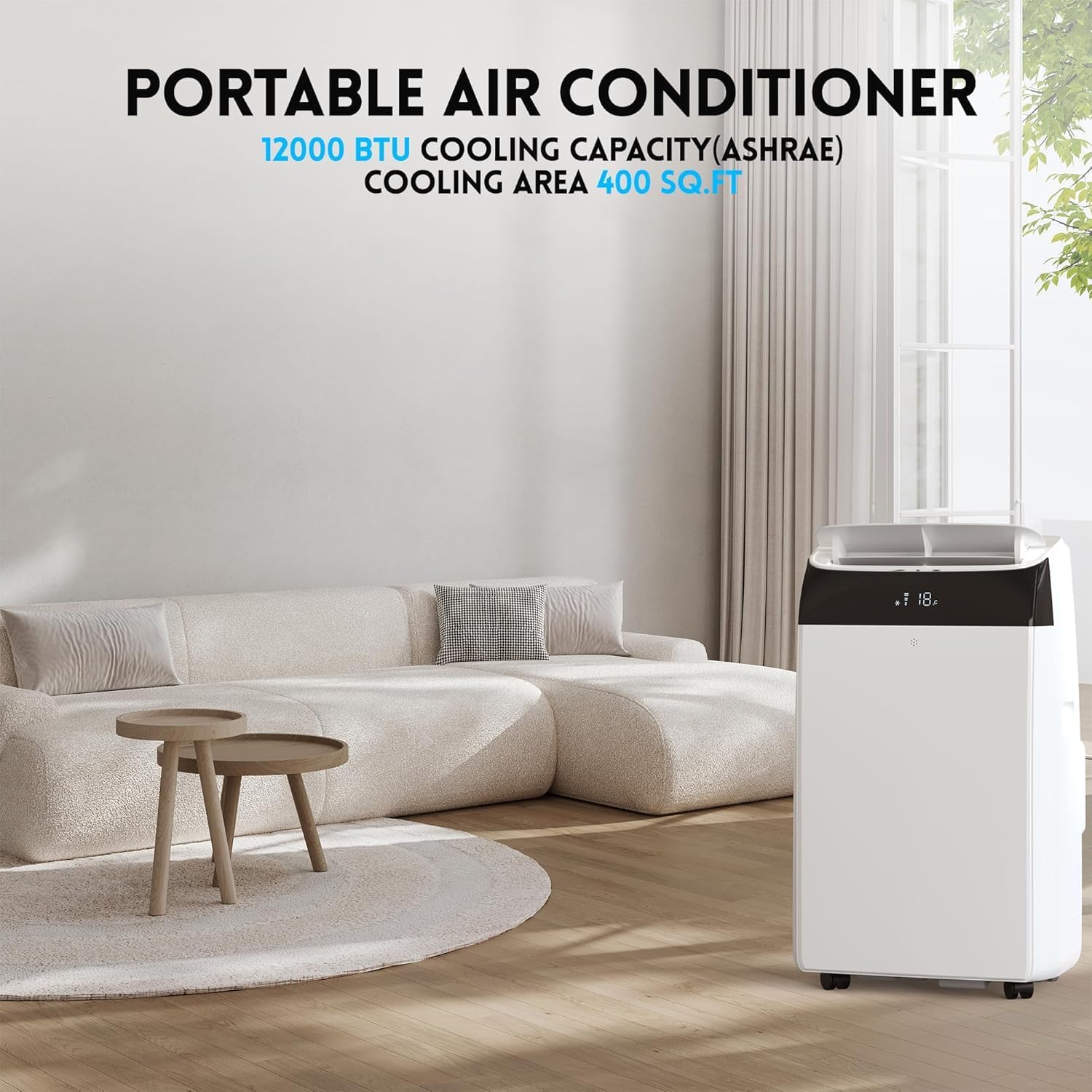 12,000 BTU Portable Air Conditioner for 550 Sq Ft - 3-In-1 AC Unit with Cooling, Dehumidifier & Fan Modes, Remote Control, 24H Timer, Installation Kit for Home, Office & Dorm