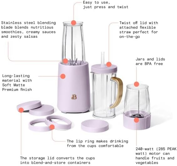 Personal Blender Set With 12 Pieces, 240 W, Lavender By Drew Barrymore, Jars And Lids Are BPA-Free And Dishwasher Safe