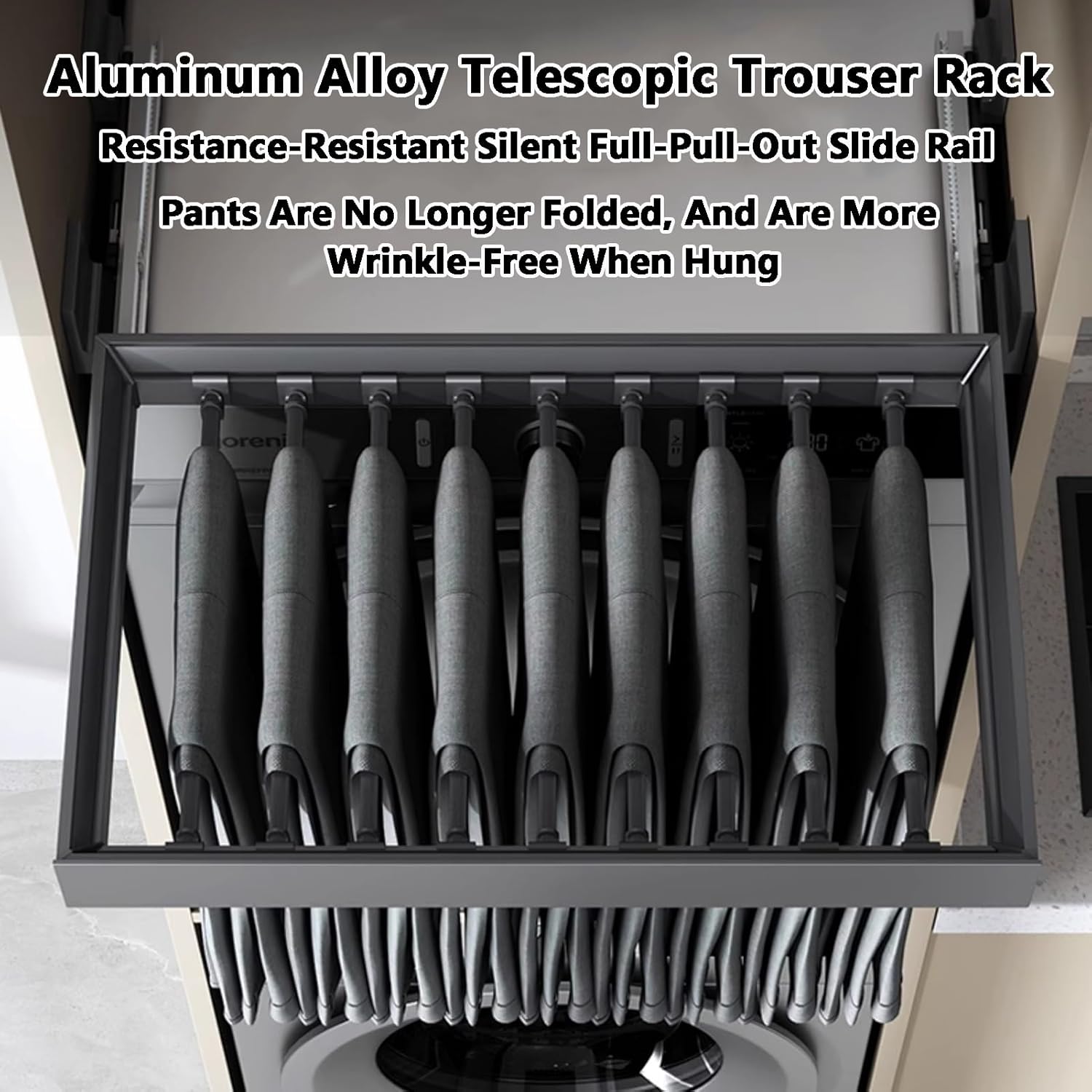 Pull-Out Trouser Rack Drawer with Adjustable, Movable Hanging Rod and Silent Pull-Out Hidden Saves Space, Holds 30 Kg(664-714mm)