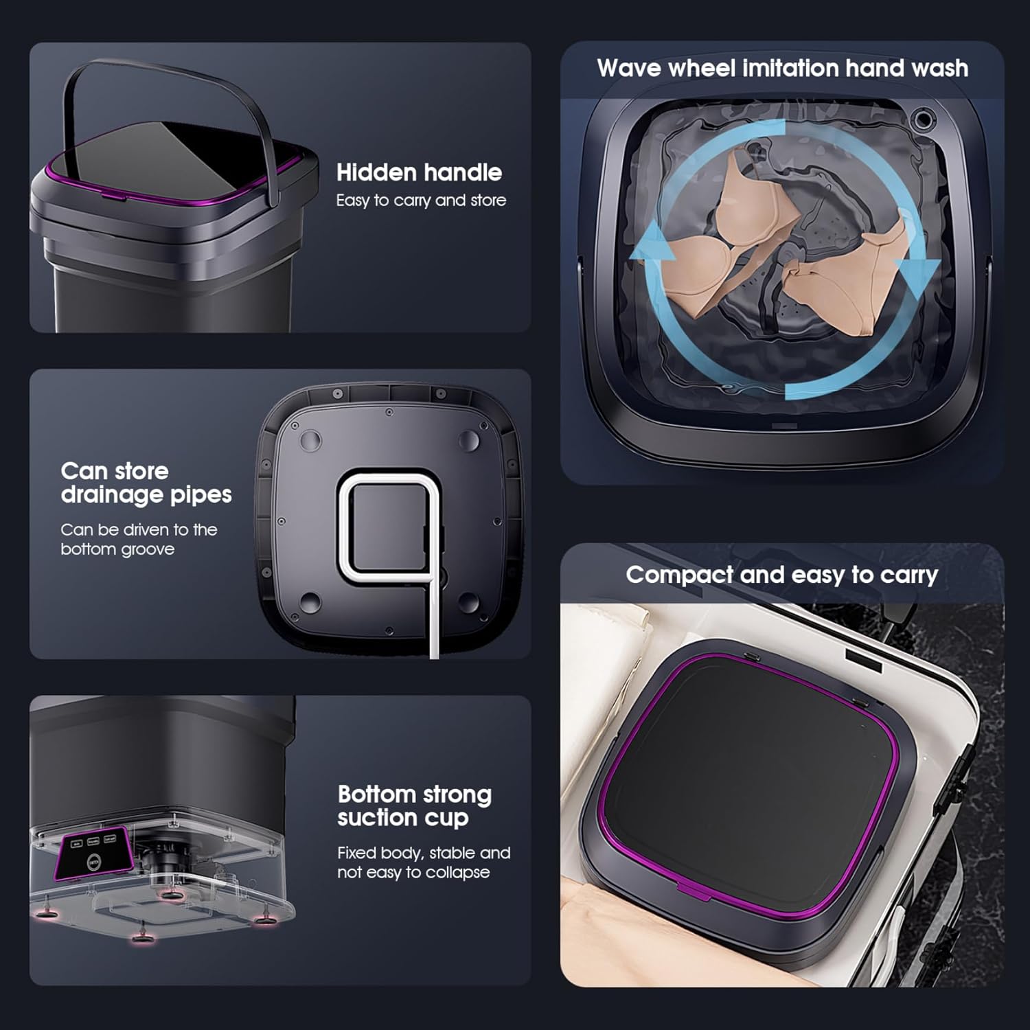 Portable Washer 13L 3 Modes Foldable Mini Washing Machine with Drain Pipe, Handle and Suction Cup Small Laundry Machine for Underwear Socks Baby Clothes