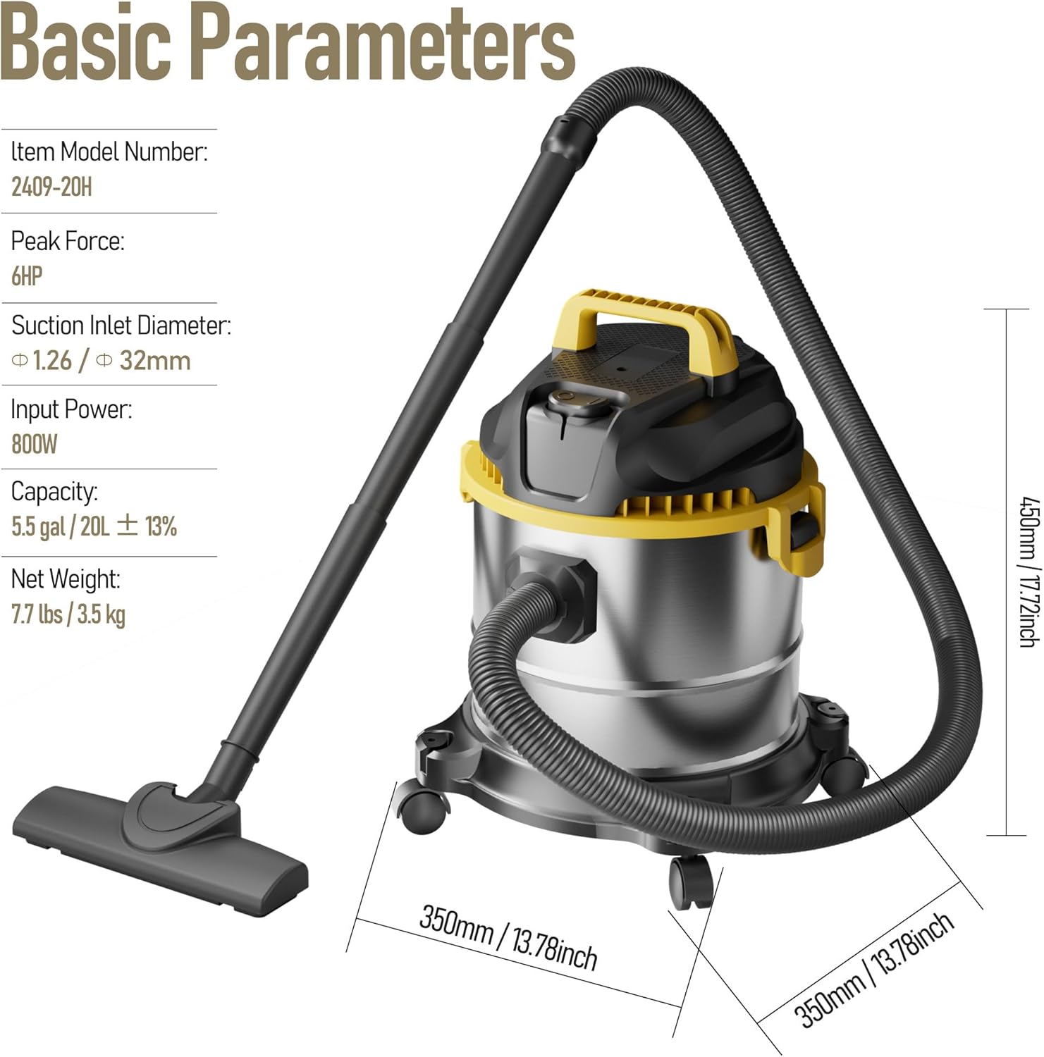 5.5-Gallon Premium Stainless Steel Wet/Dry VacuumCleaner, 12-Foot Power Cord, 20KPa Powerful Suction withblower Function, Ideal for pet Hair, garages, Cars, andhome workshops.