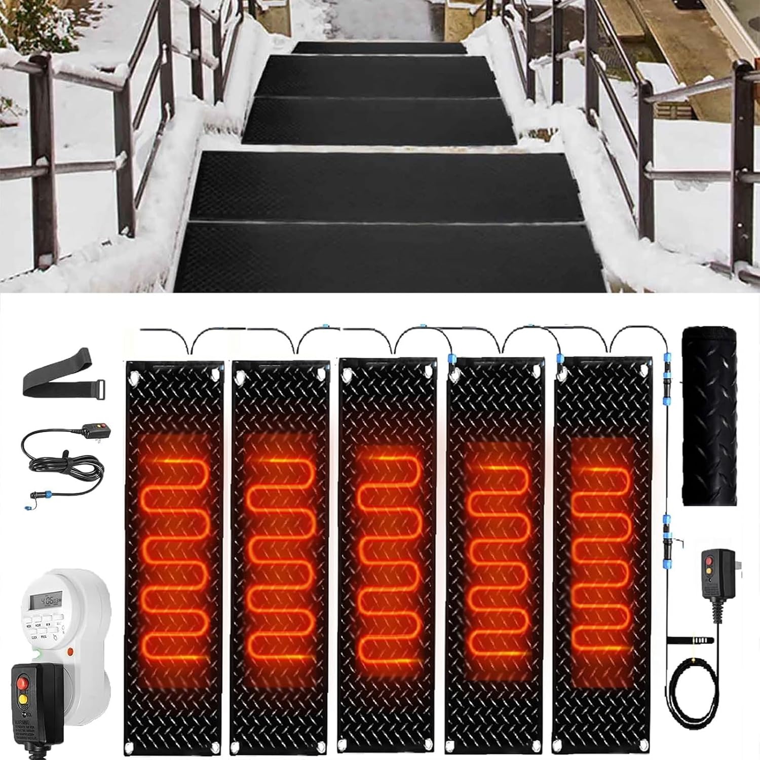 Snow Melting Mat with Timer, 1/2/3/4/5 Pcs Heated Walkway Mat, Rubber Heated Mat with Power Cord, Snow and Ice Melting Mat,No-Slip Heating Entrance Mats for Winter Outdoor Stairs(5 Pcs,12x48in