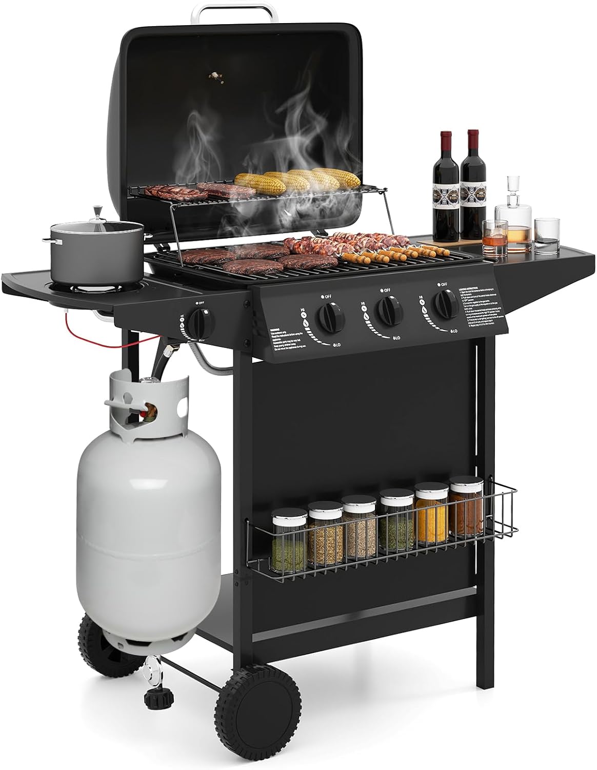Happygrill 3 + 1 Burner Propane Gas Grill, 39,000 BTU Outdoor Cooking Grill w/Storage Shelves & Porcelain-Enameled Grates, Portable BBQ Grills on Wheels w/Thermometer for Backyard, Camping & Picnic