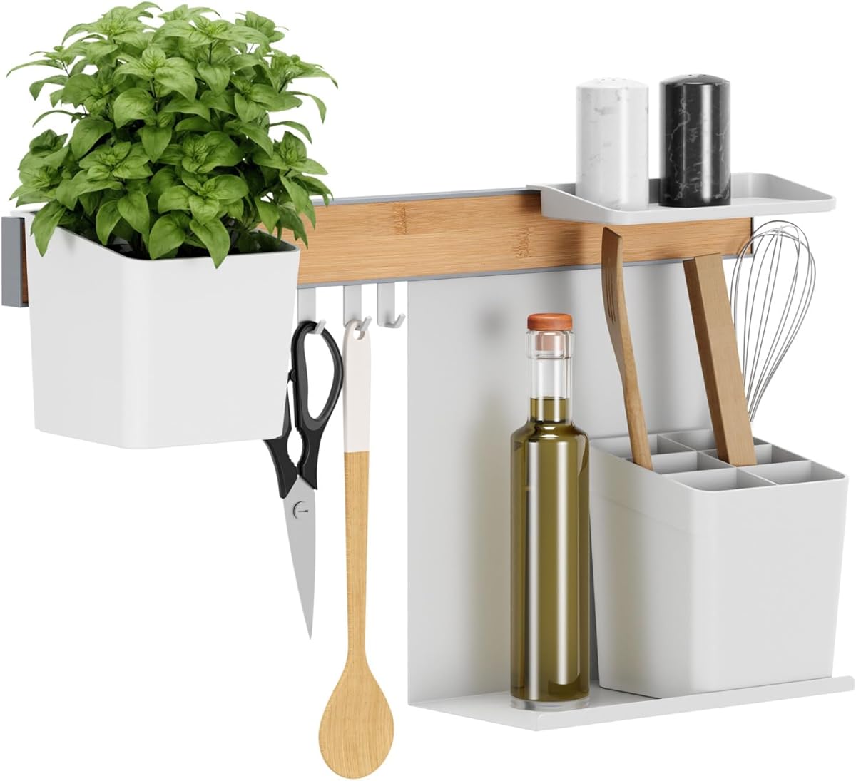 tesa Kitchen Organiser Combo Set M - Self-Adhesive Wall Mounted Kitchen Rail System with Herb Pot, 2 Shelves, Utensil Holder, 3 Hooks - Bamboo/White