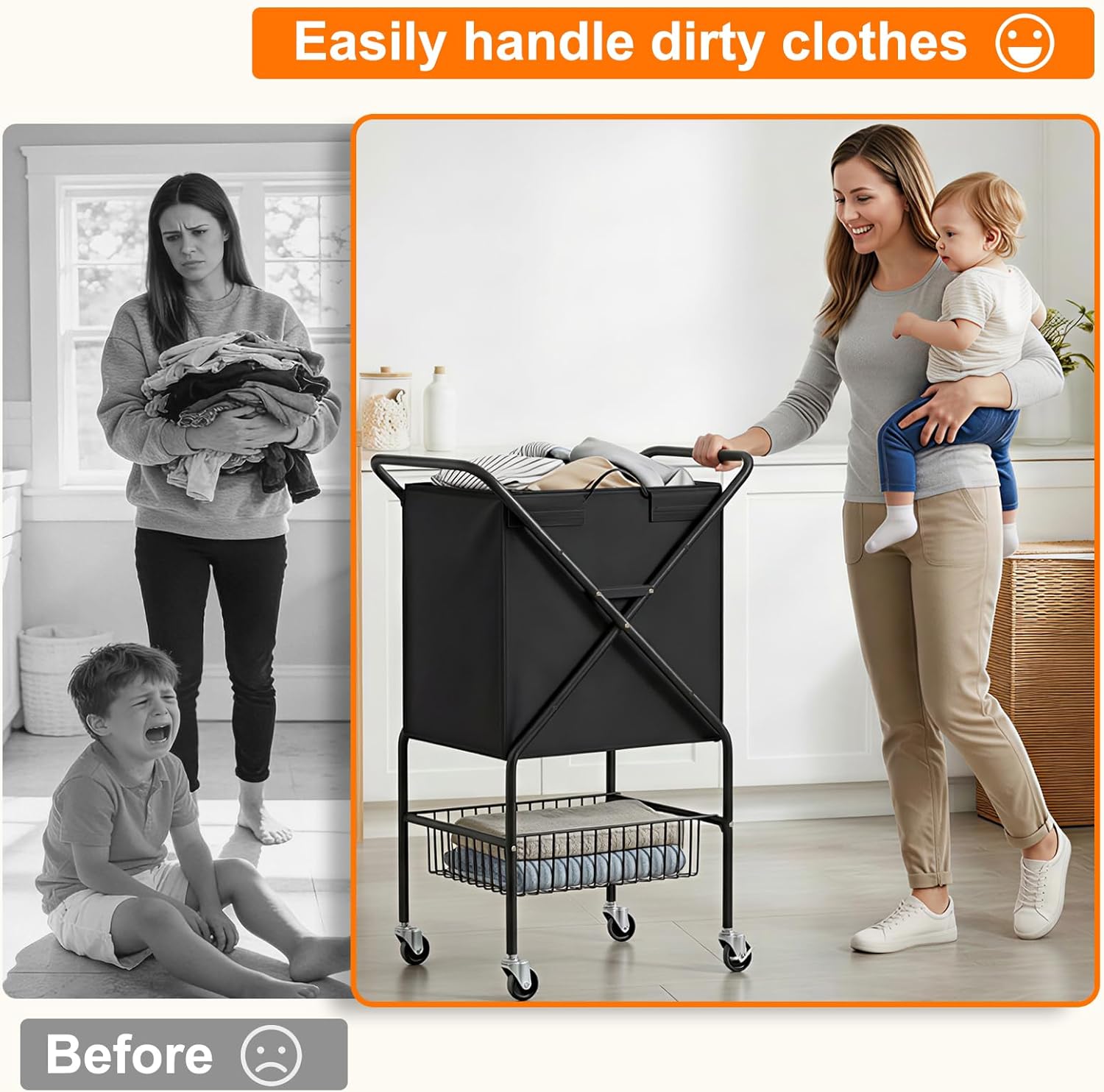 Laundry Basket with Wheels:88L Rolling Laundry Cart Foldable Metal Frame Dirty Clothes Laundry Hamper 36