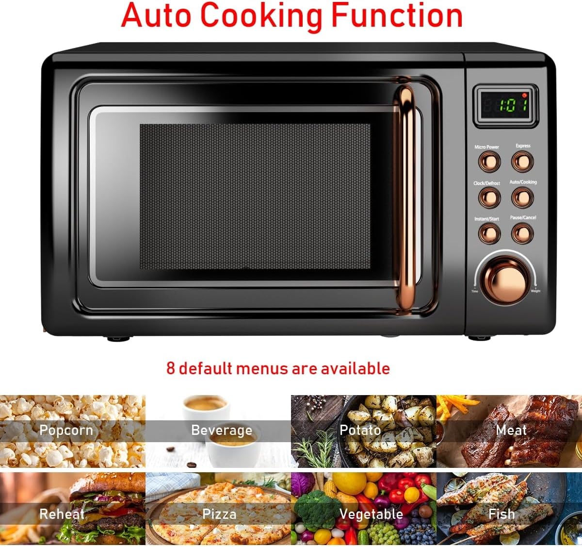 Retro 0.7 Cu.ft Countertop Microwave Oven with LED Display - 700W, Glass Turntable, Rose Gold