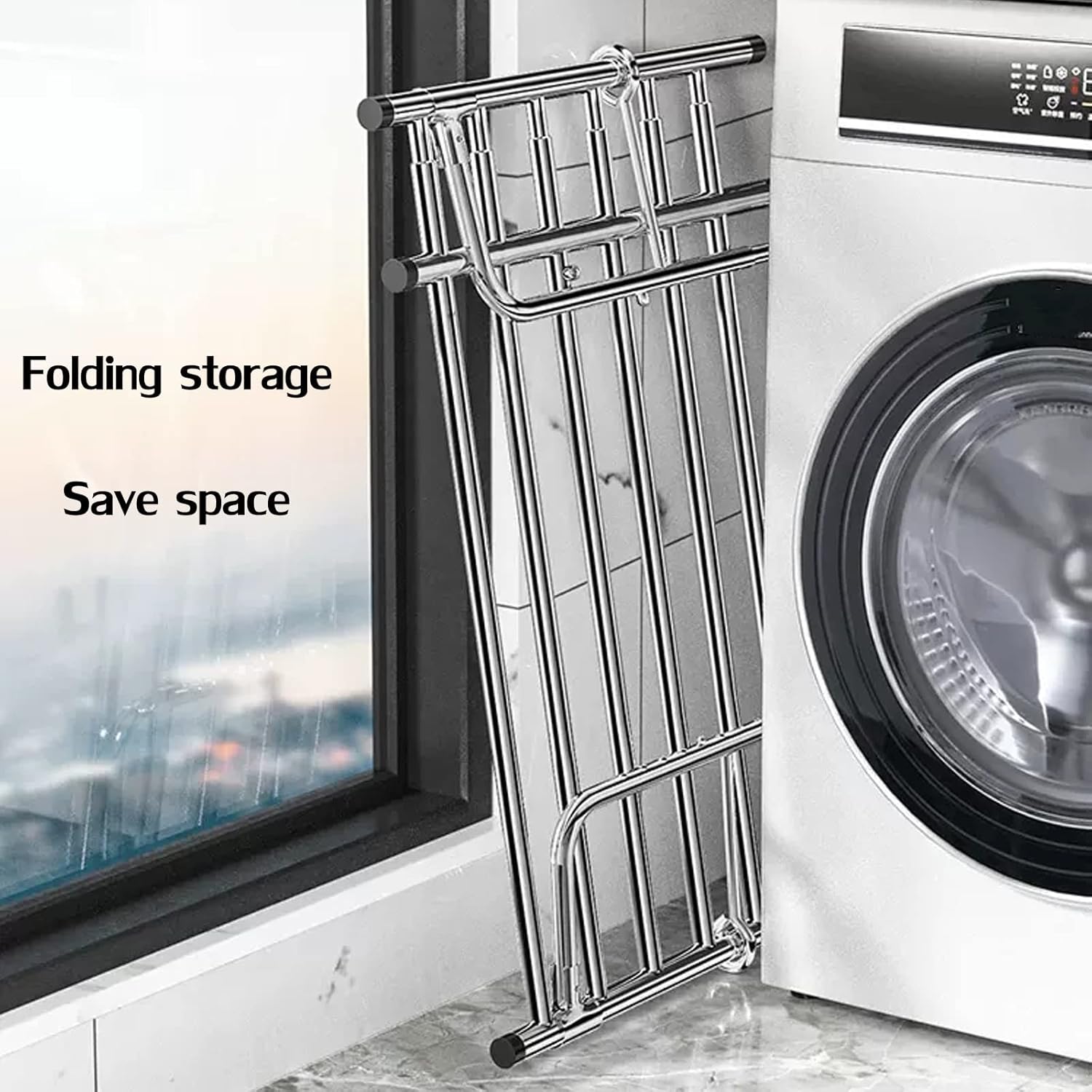 Clothes Airer Balcony Drying Rack Stainless Steel Clothes Dryer Folding Shoes Rack, Foldable Portable Space Saving Clothes Drying Rack, Extendable Clothing Dryer Rack, Si(Silver-60)