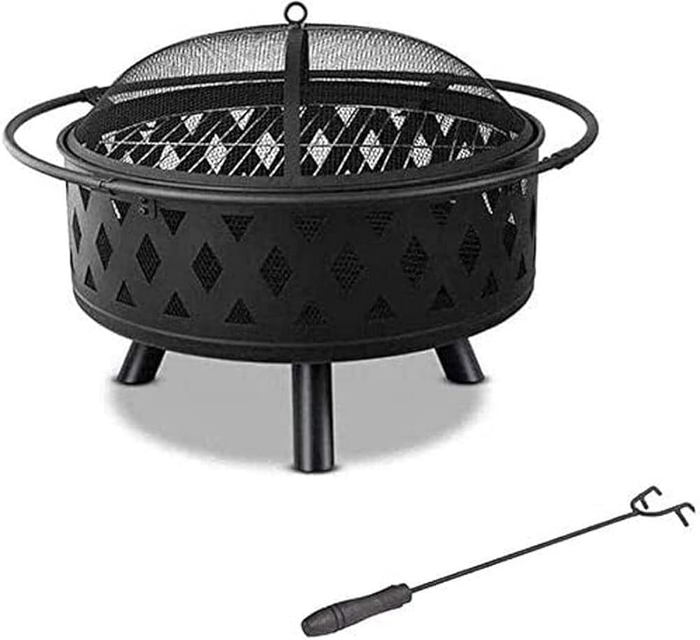Garden Fire Pit Portable Grill Barbecue Rack Pits Fire Bowl with Handles,Removable Metal Fire Basket with Fire Fork, Patio Garden Multifunctional Fire Pit for Heating/BBQ for Camping