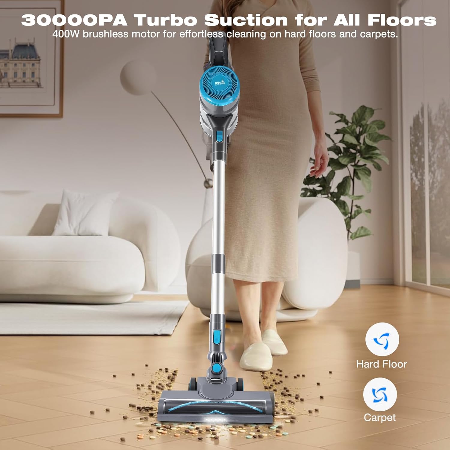 HAUSMEISTER VoltVac Go Cordless Vacuum Cleaner for Home Pet Hair, 30000PA for Carpets Hard Floors, 50Min Portable Handheld Rechargeable Vacuum, 2 HEPA Filters, Lightweight