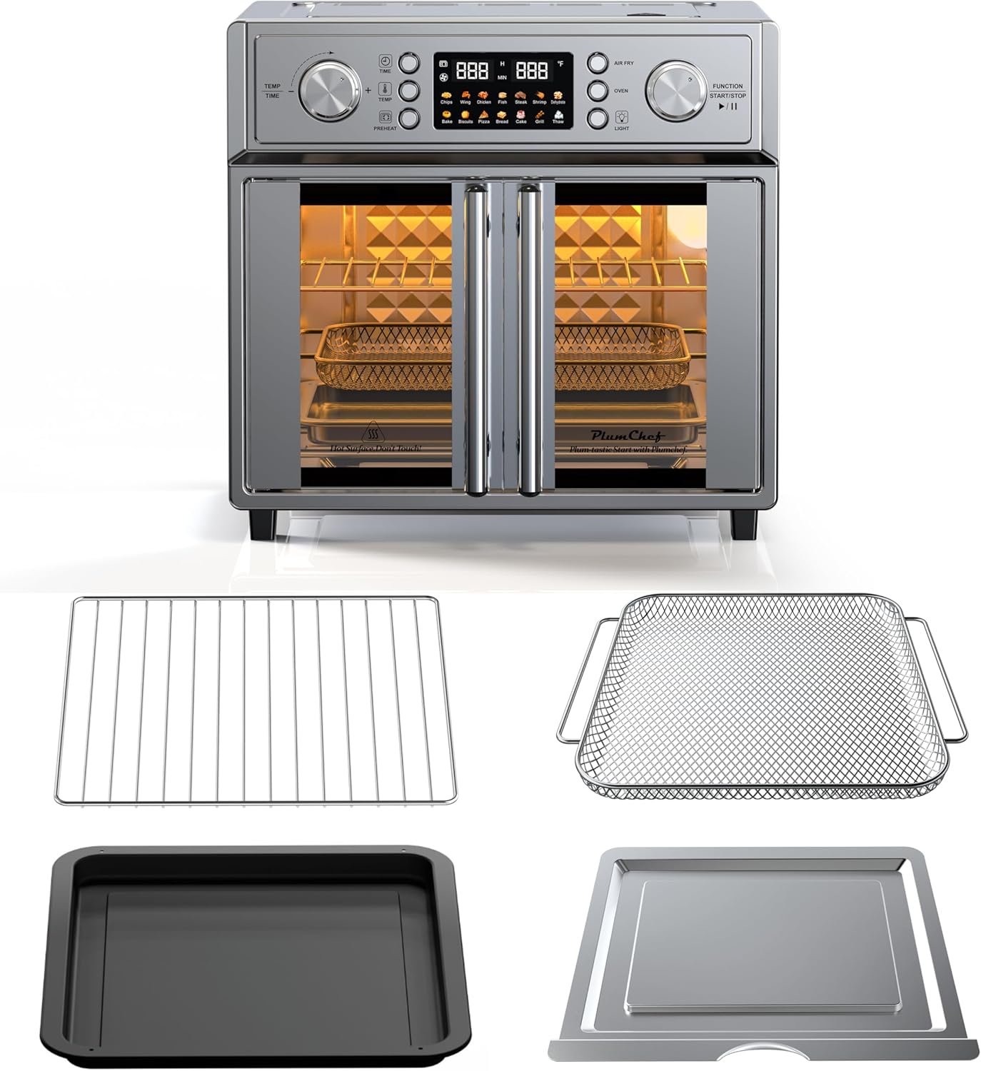 26QT Air Fryer Convection Oven Toaster Oven Combo, 7-in-1 French Door Countertop Oven with 14 Presets, Large Capacity Smart Oven for Baking Roasting Dehydrating and Air Frying Stainless Steel