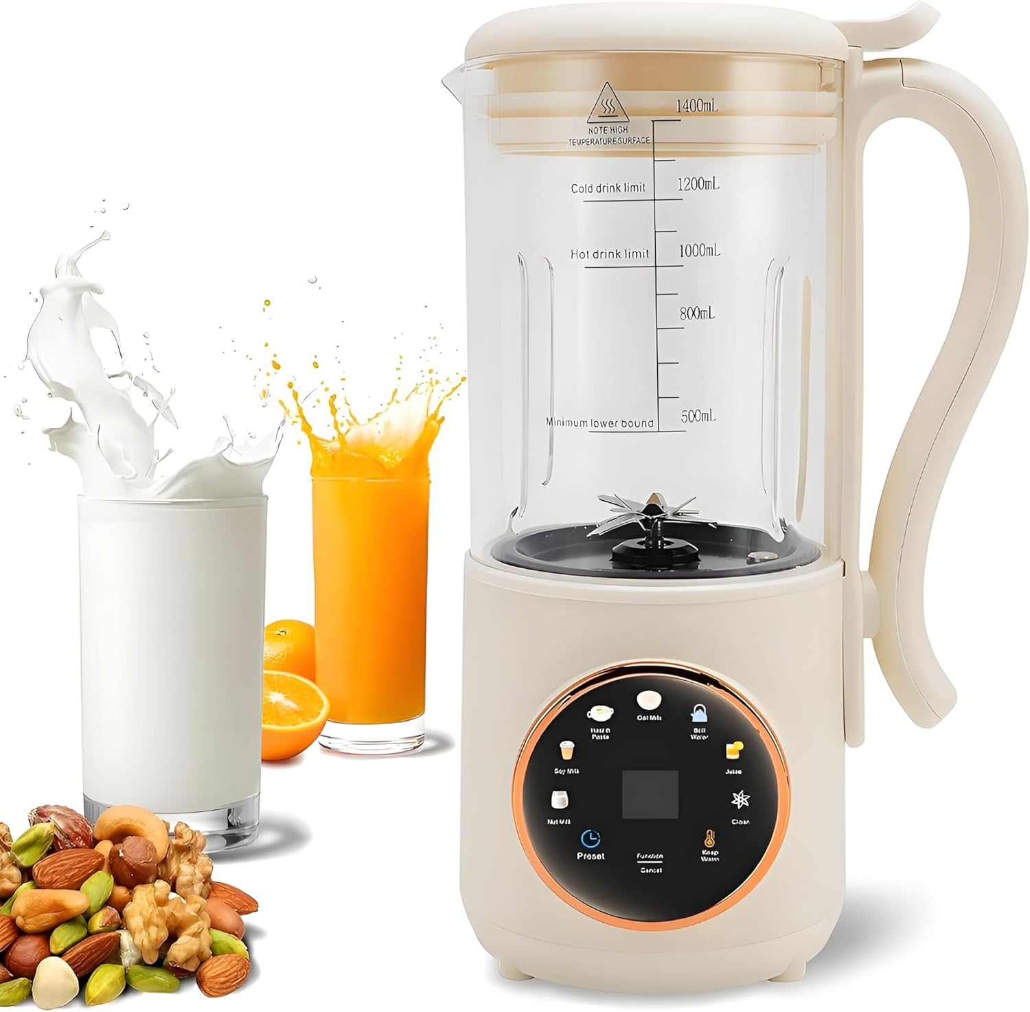 KRYSO 48OZ 8-in-1 Nut Milk Maker Machine, Automatic Kitchen Appliance with Milk Frother | Almond, Soy, Oat & Plant-Based Drinks | Self-Cleaning, Keep Warm, Juice & Soup Maker